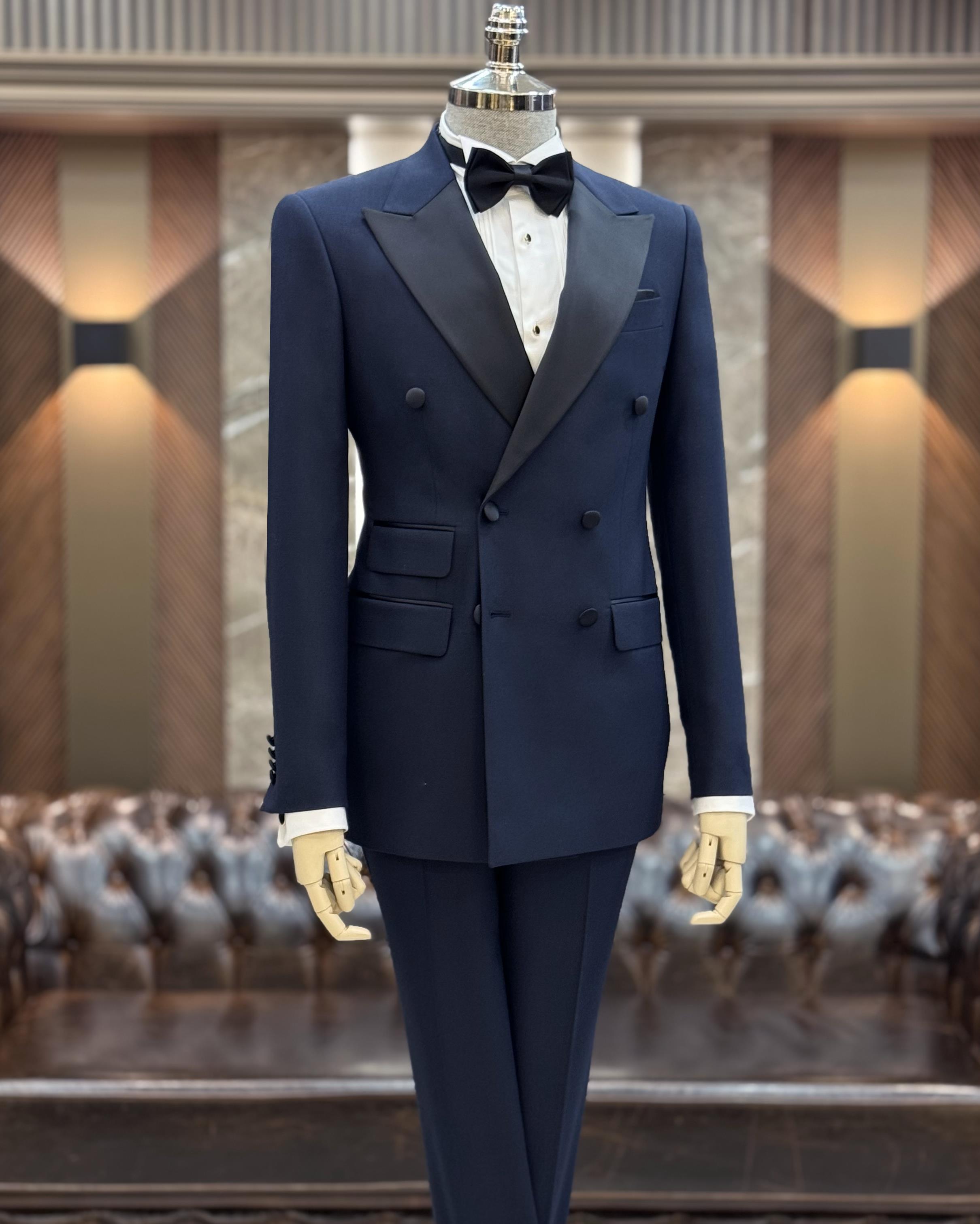 İtalyan kesim slim fit kruvaze ceket pantolon damatlık set lacivert T11840
