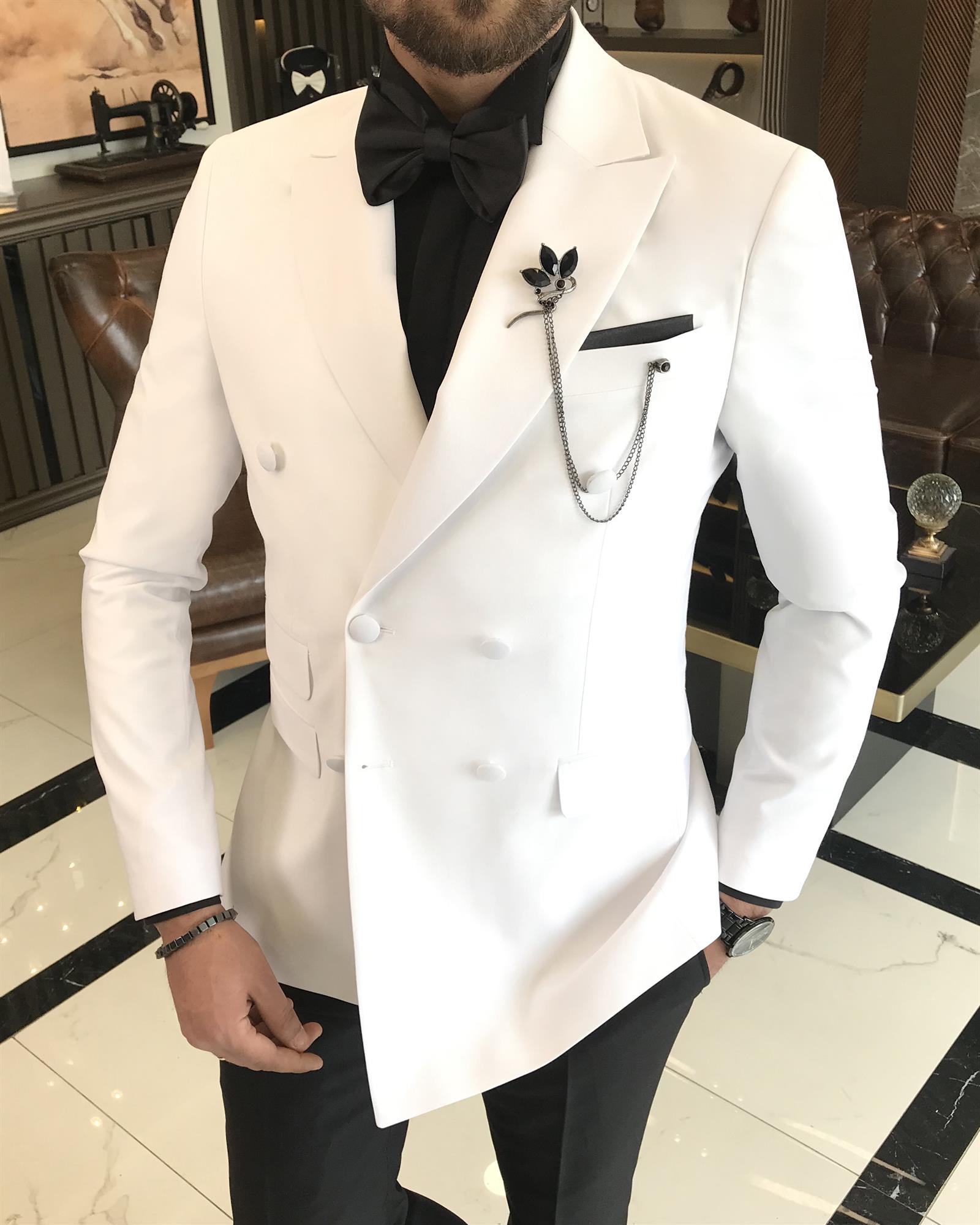 İtalyan kesim slim fit kruvaze ceket pantolon damatlık set beyaz T9211