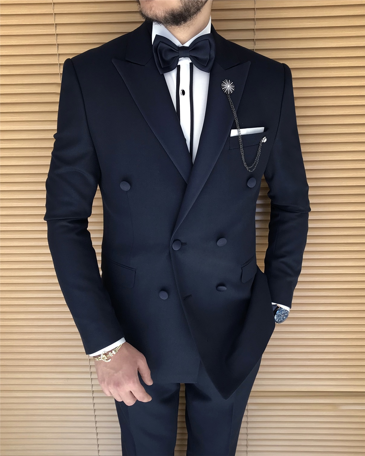 Italian Style Slim Fit Cruve Jacket Pants Groom Groom Set Navy Blue T8227