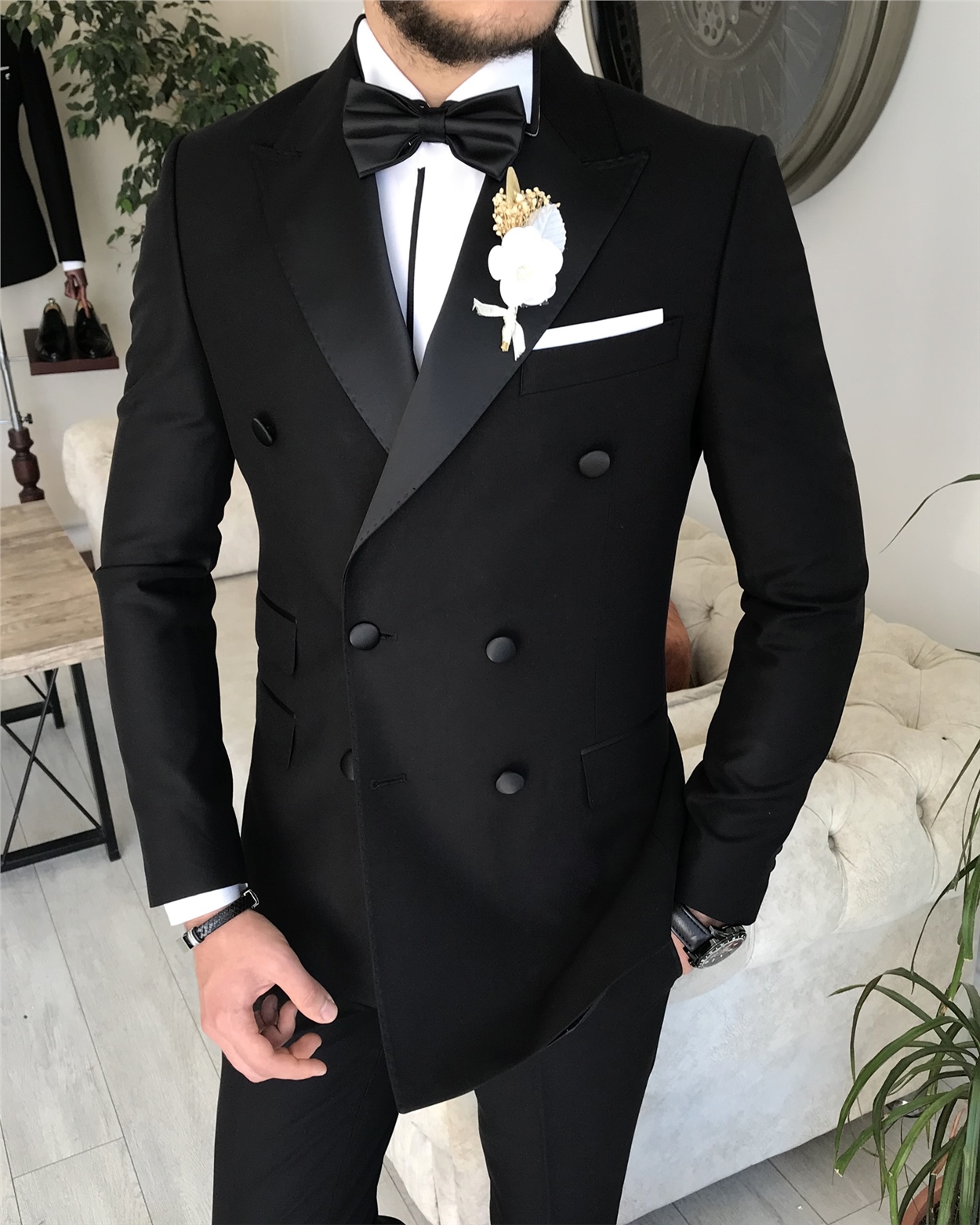 İtalyan kesim slim fit kruvaze   ceket pantolon damatlık set Siyah  T8283