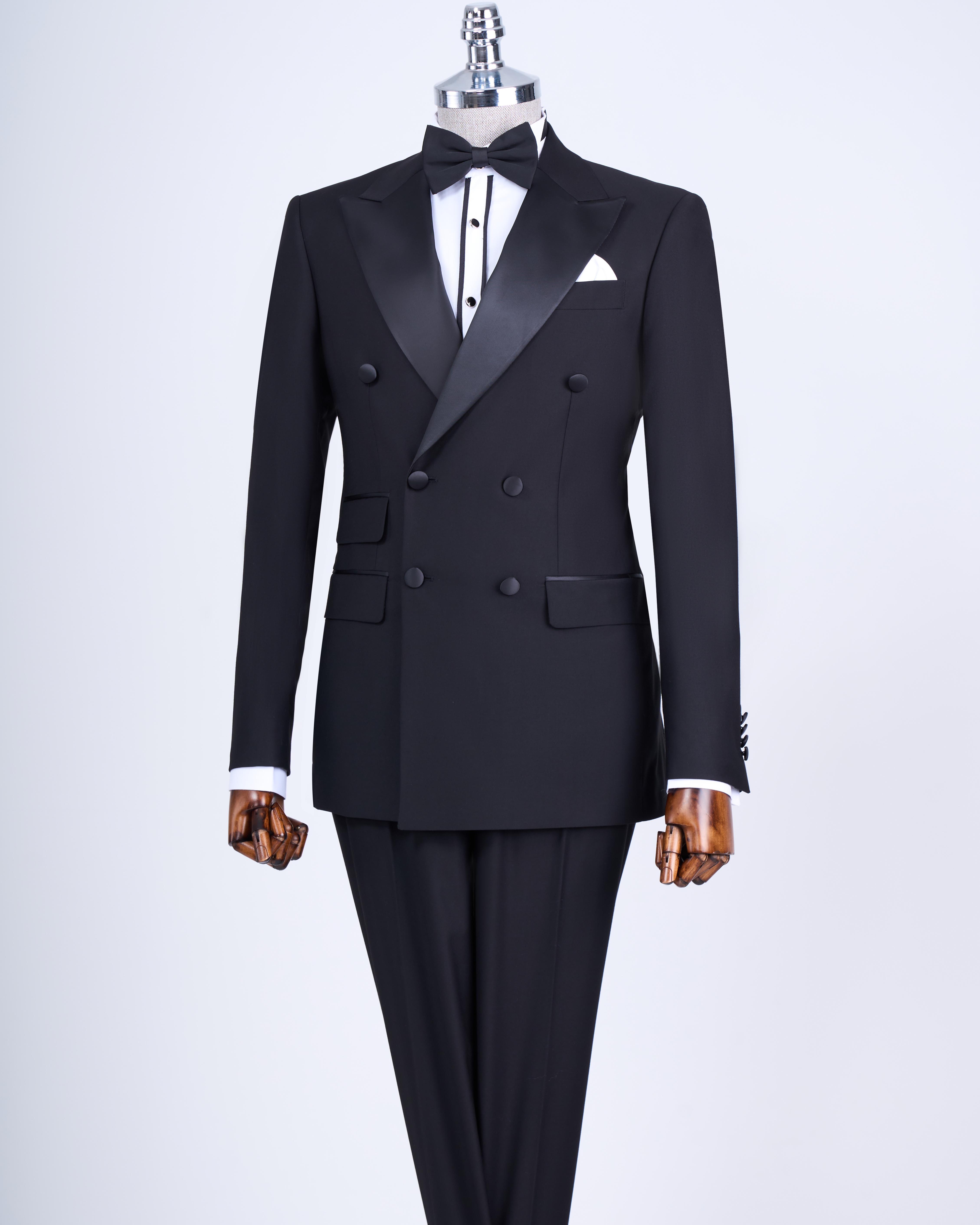 İtalyan kesim slim fit kruvaze ceket pantolon damatlık set siyah T9213
