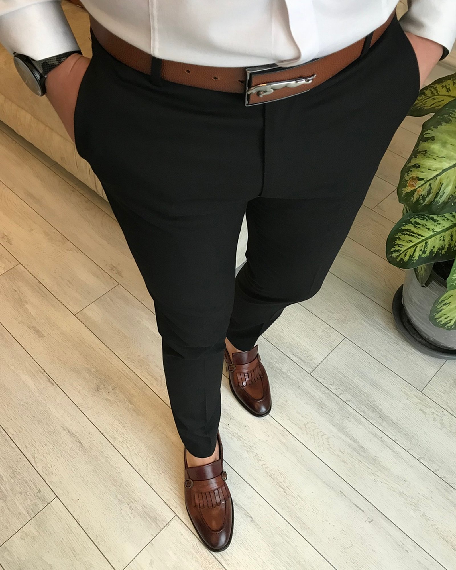 Italian Style Fit Seasonal Men's Black Fabric Pants T3604