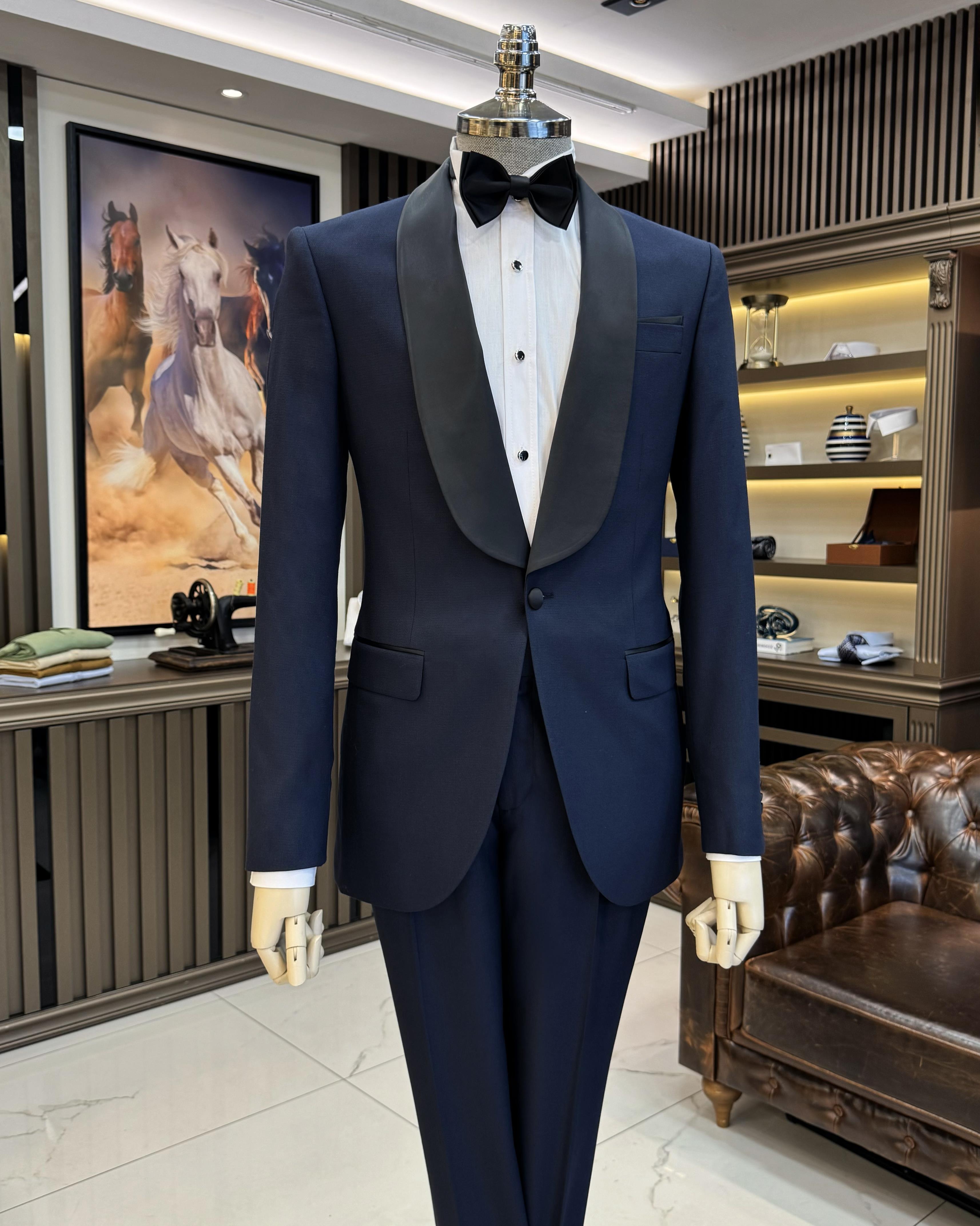 İtalyan kesim slim fit şal yaka ceket pantolon damatlık set lacivert T11899