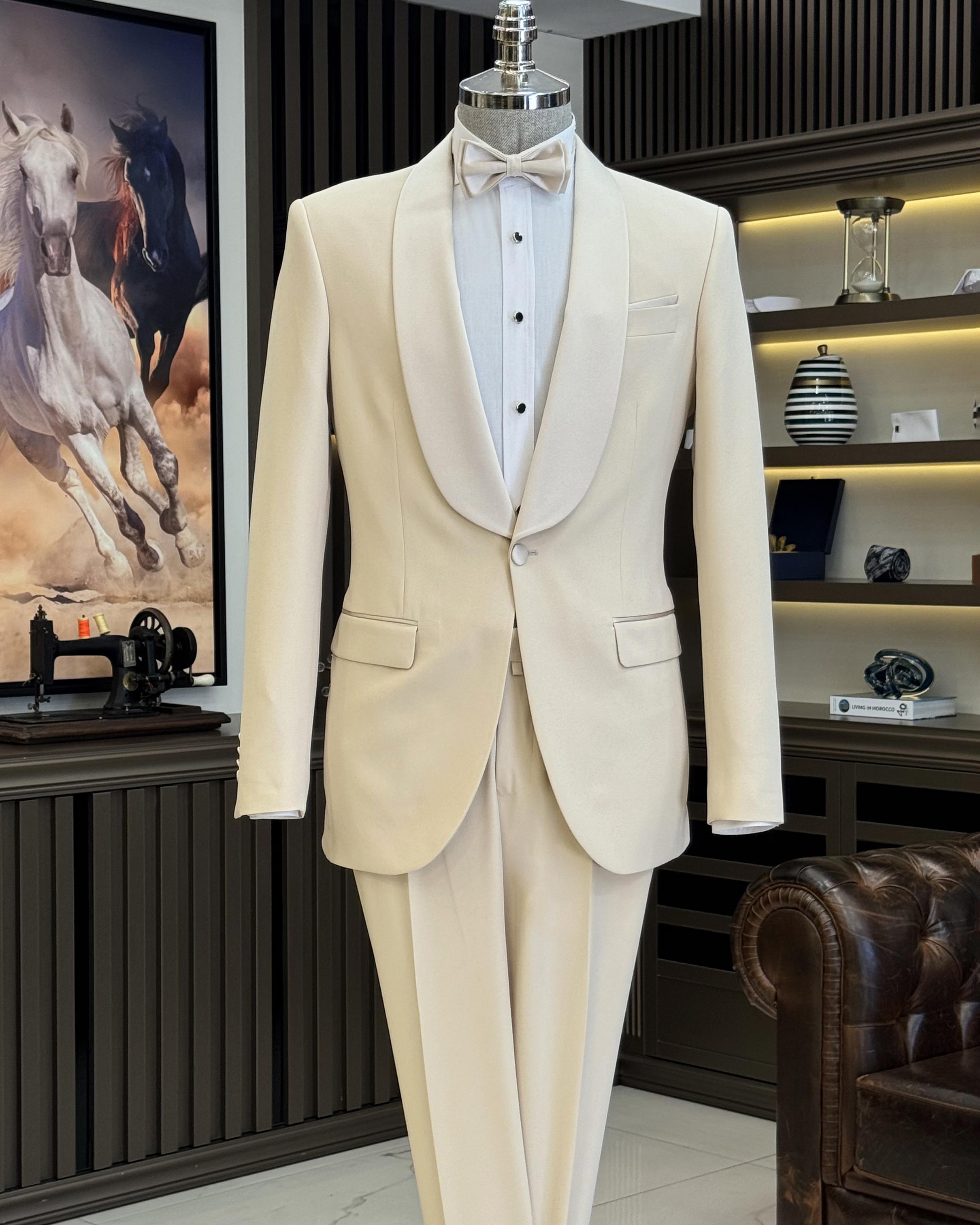 İtalyan kesim slim fit şal yaka ceket pantolon damatlık set bej T11947