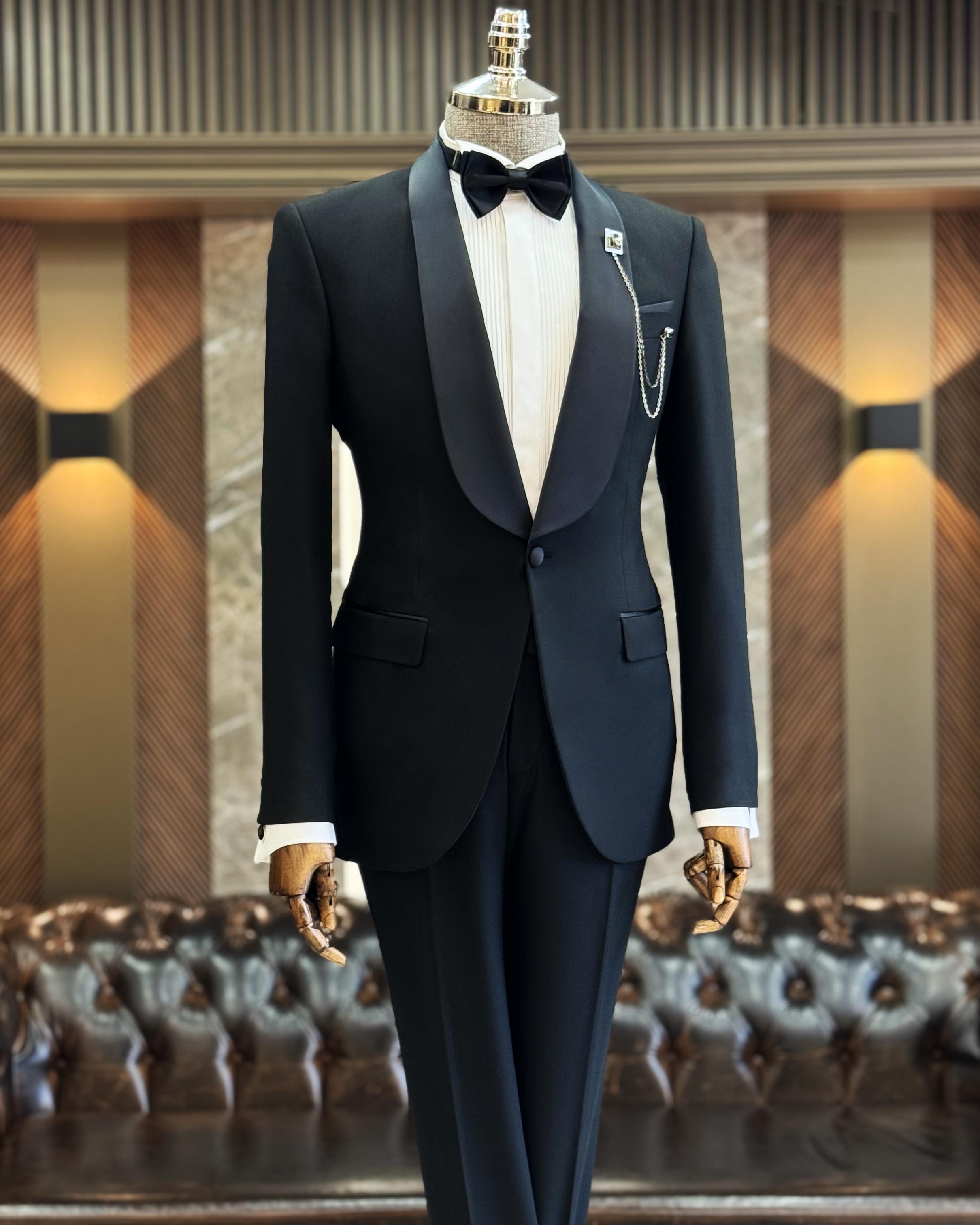 İtalyan kesim slim fit şal yaka ceket pantolon damatlık set siyah T11898