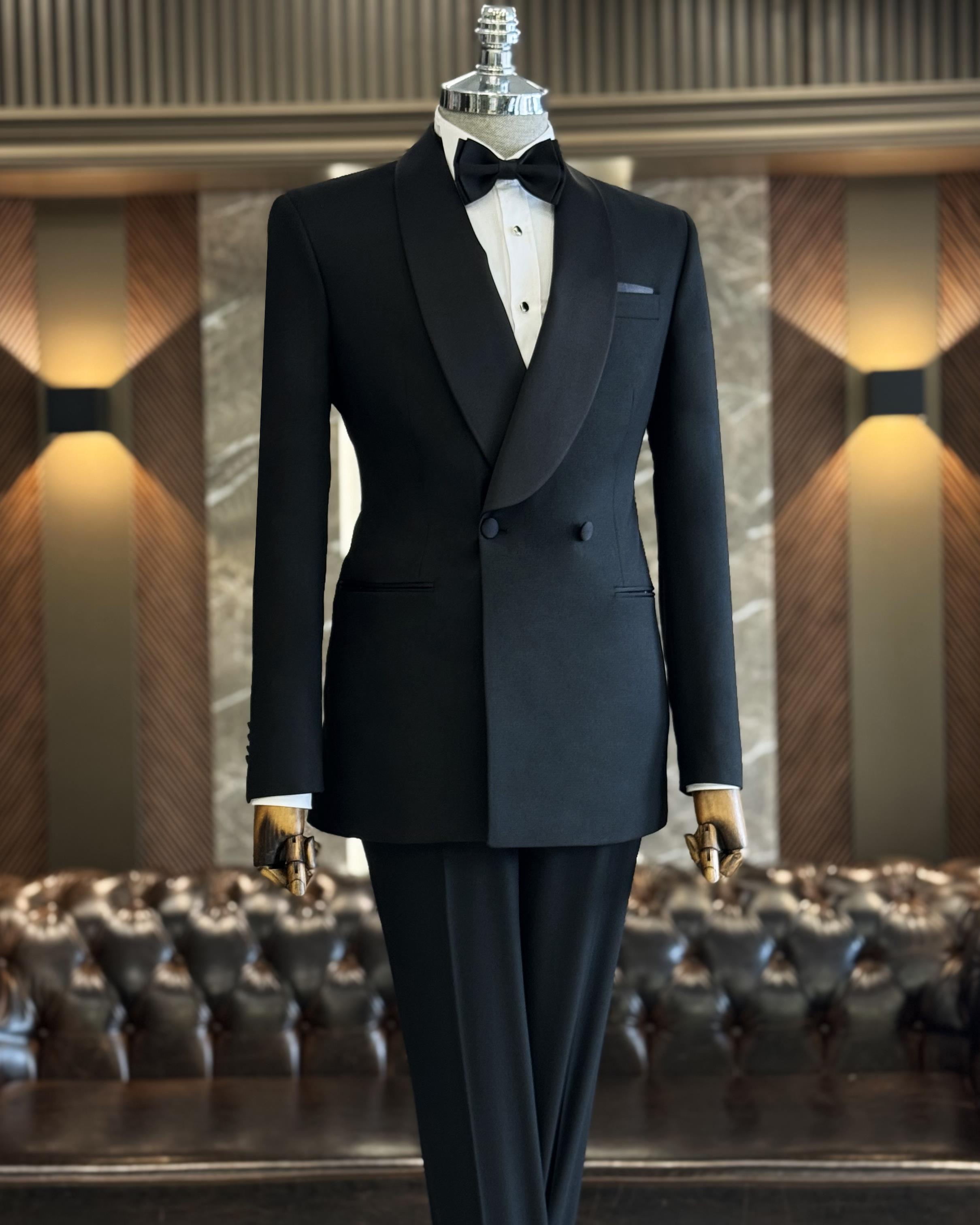 İtalyan kesim slim fit şal yaka kruvaze ceket pantolon damatlık set siyah T11947