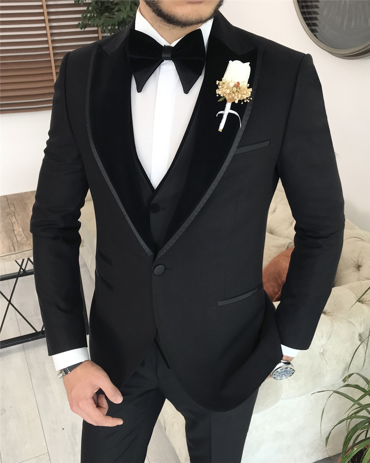 İtalyan kesim slim fit sivri yaka ceket yelek pantolon damatlık set Siyah T8196