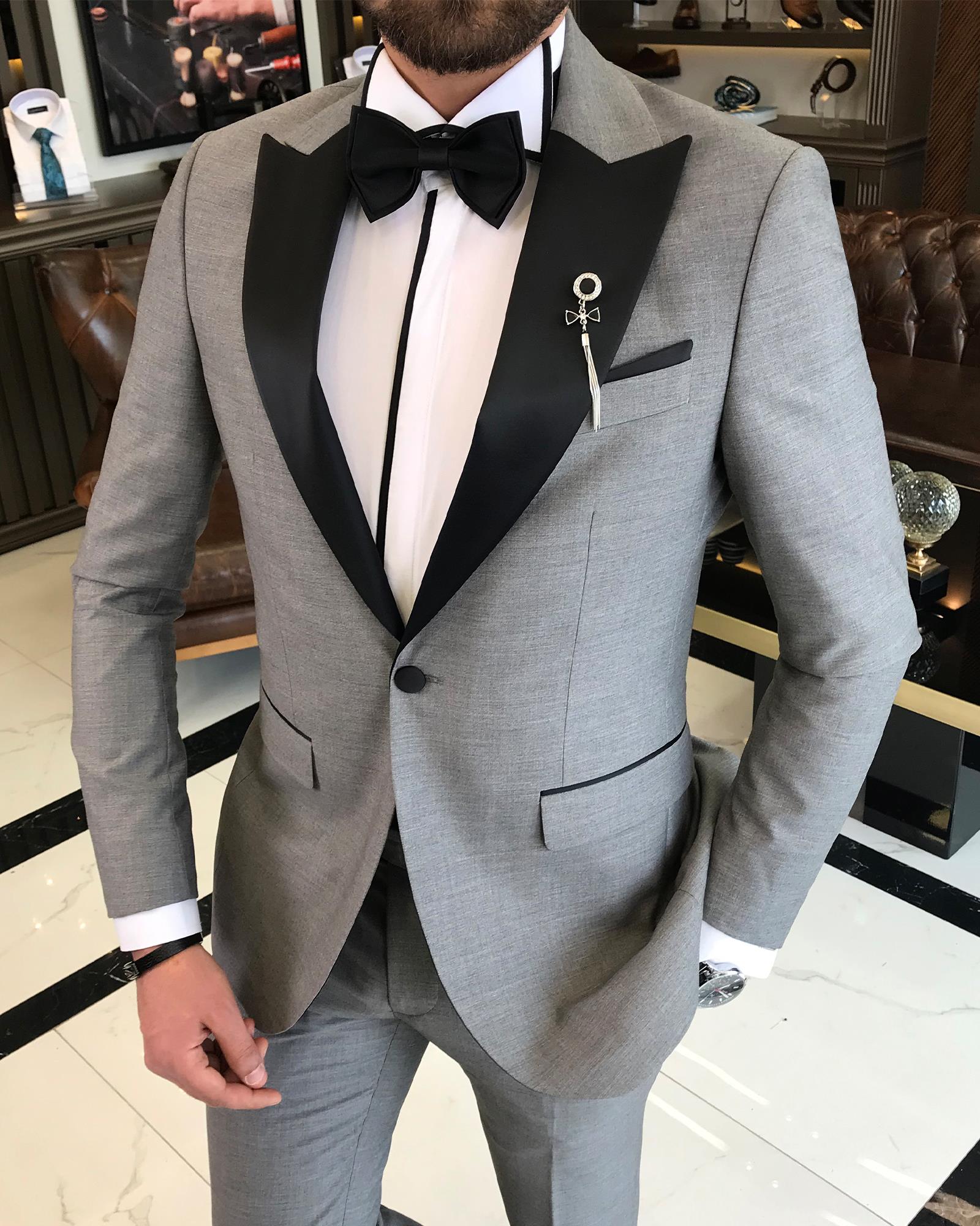 İtalyan kesim slim fit sivri yaka ceket pantolon damatlık set Gri T9188