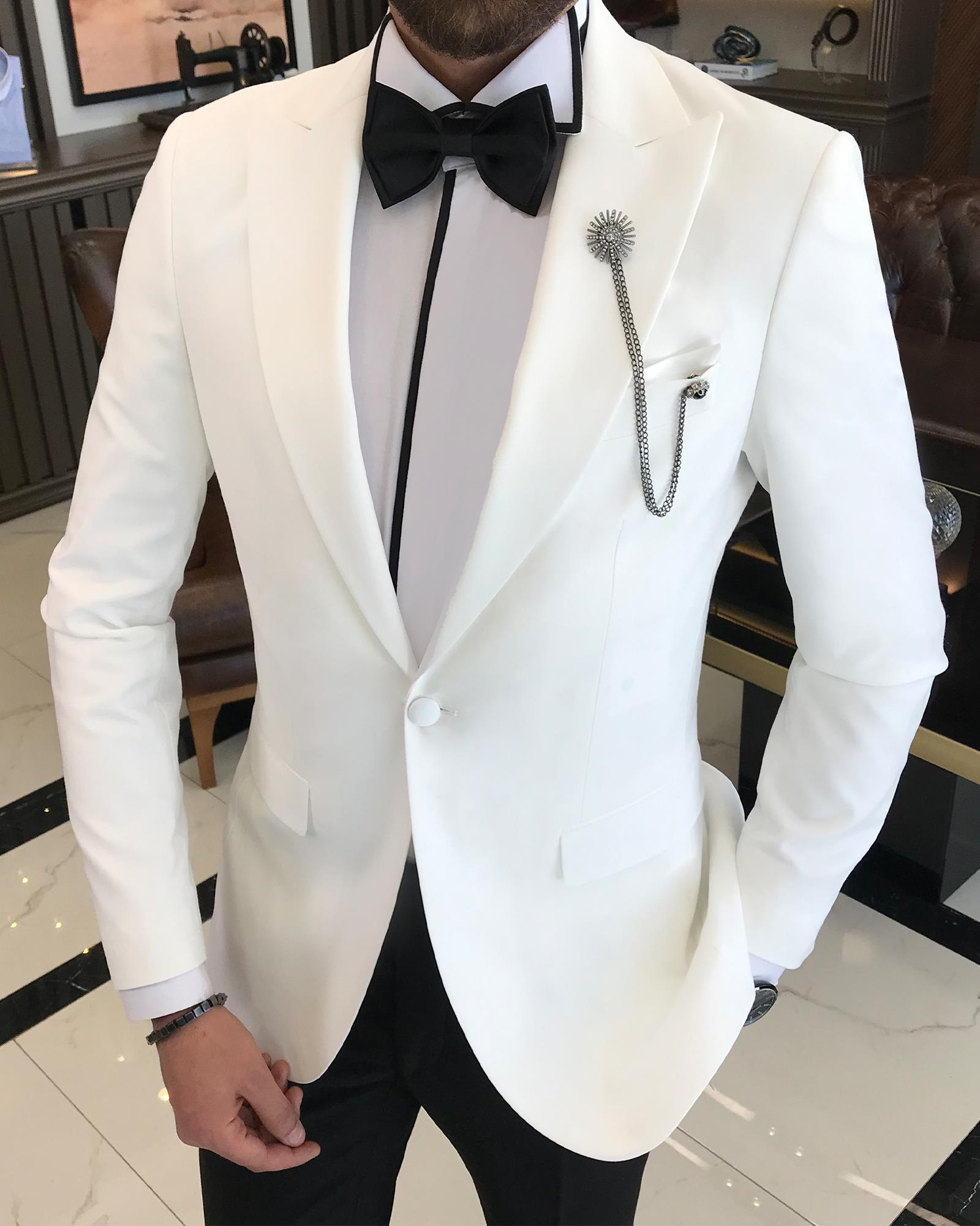 İtalyan kesim slim fit sivri yaka ceket pantolon damatlık set beyaz T9194