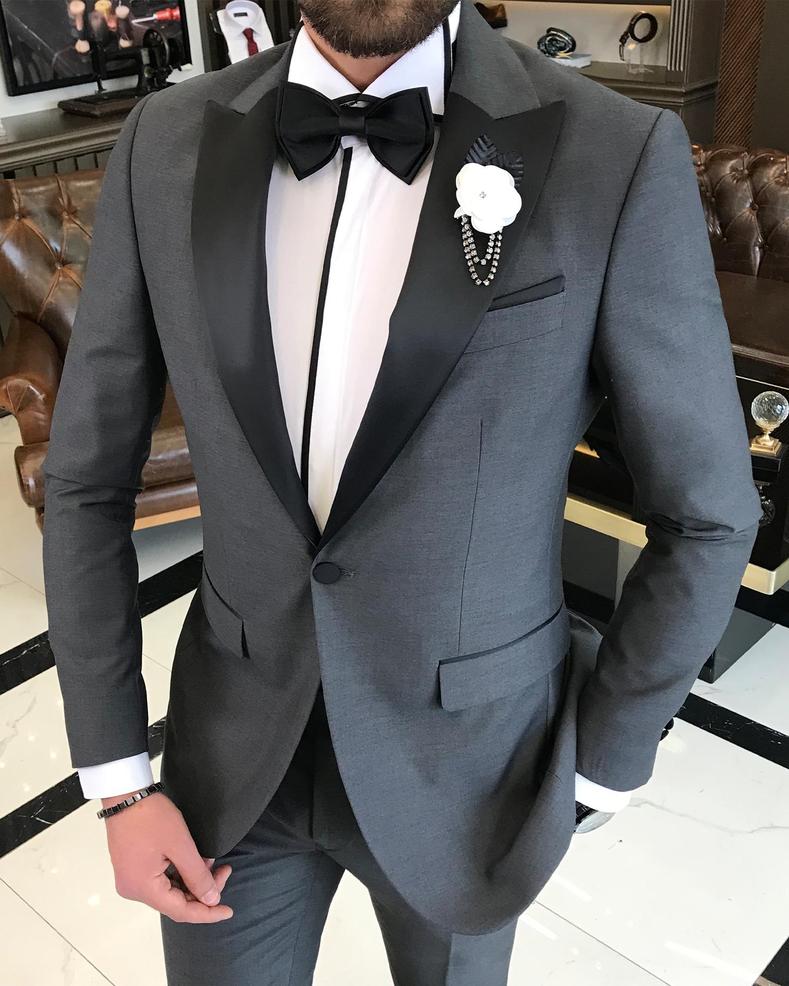 İtalyan kesim slim fit sivri yaka ceket pantolon damatlık set antrasit T9190