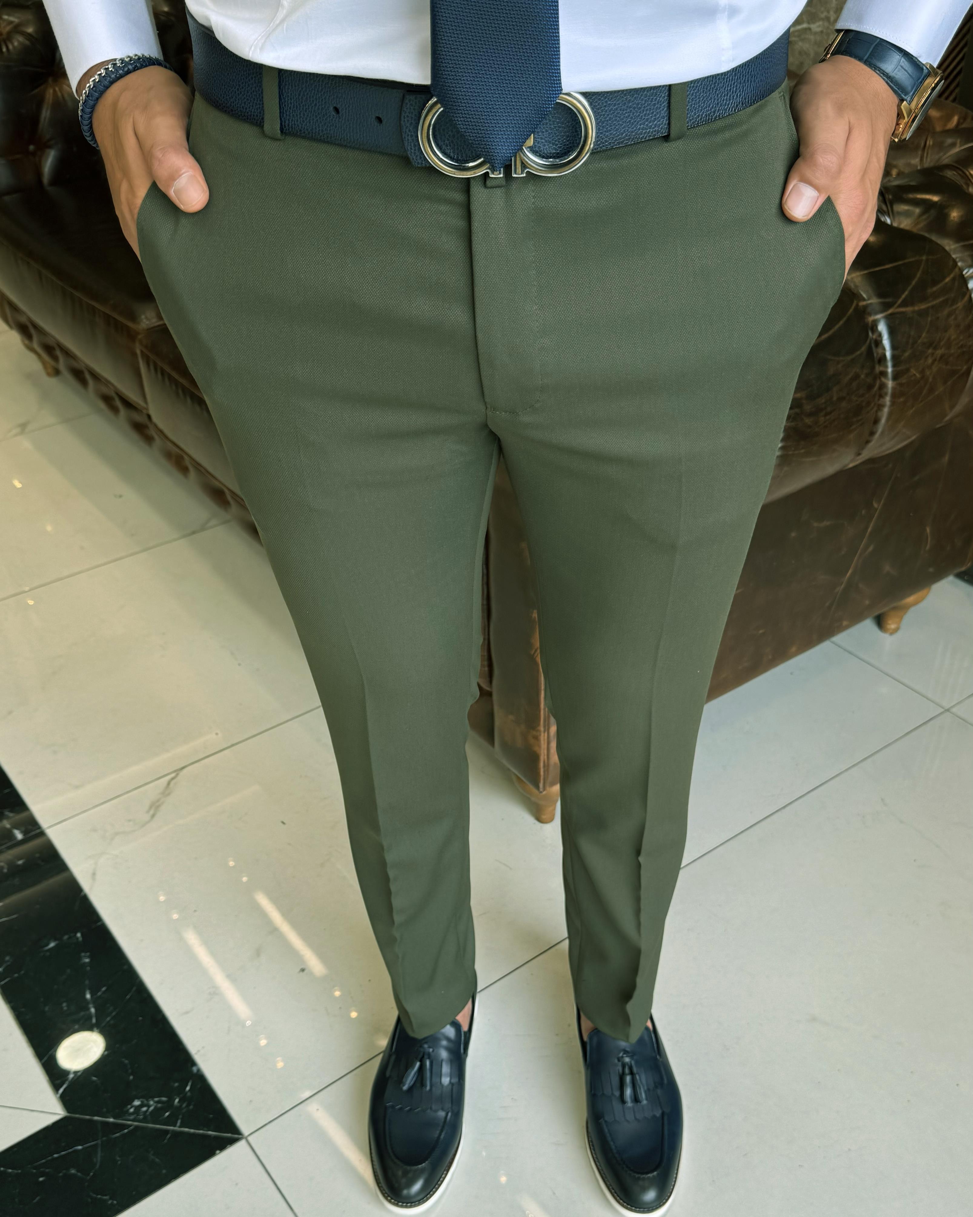İtalyan kesim slim fit yeşil kumaş pantolon T12077
