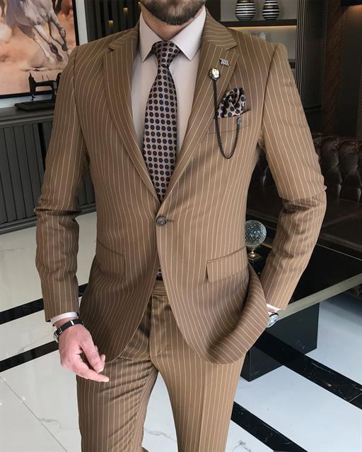 İtalyan stil 8 drop ceket pantolon takım elbise kahverengi T10674