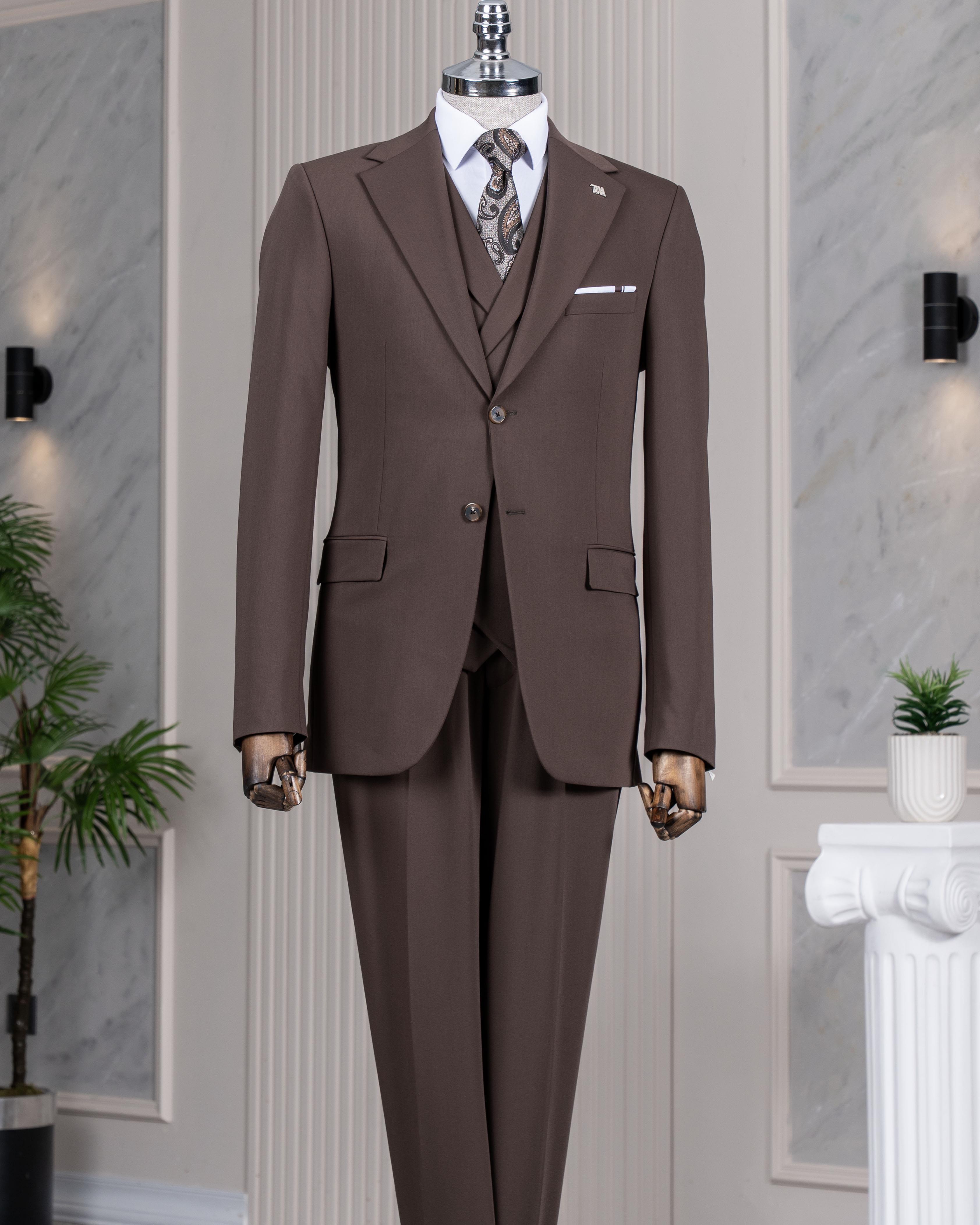 İtalyan stil 8 drop ceket yelek pantolon takım elbise kahverengi T14593
