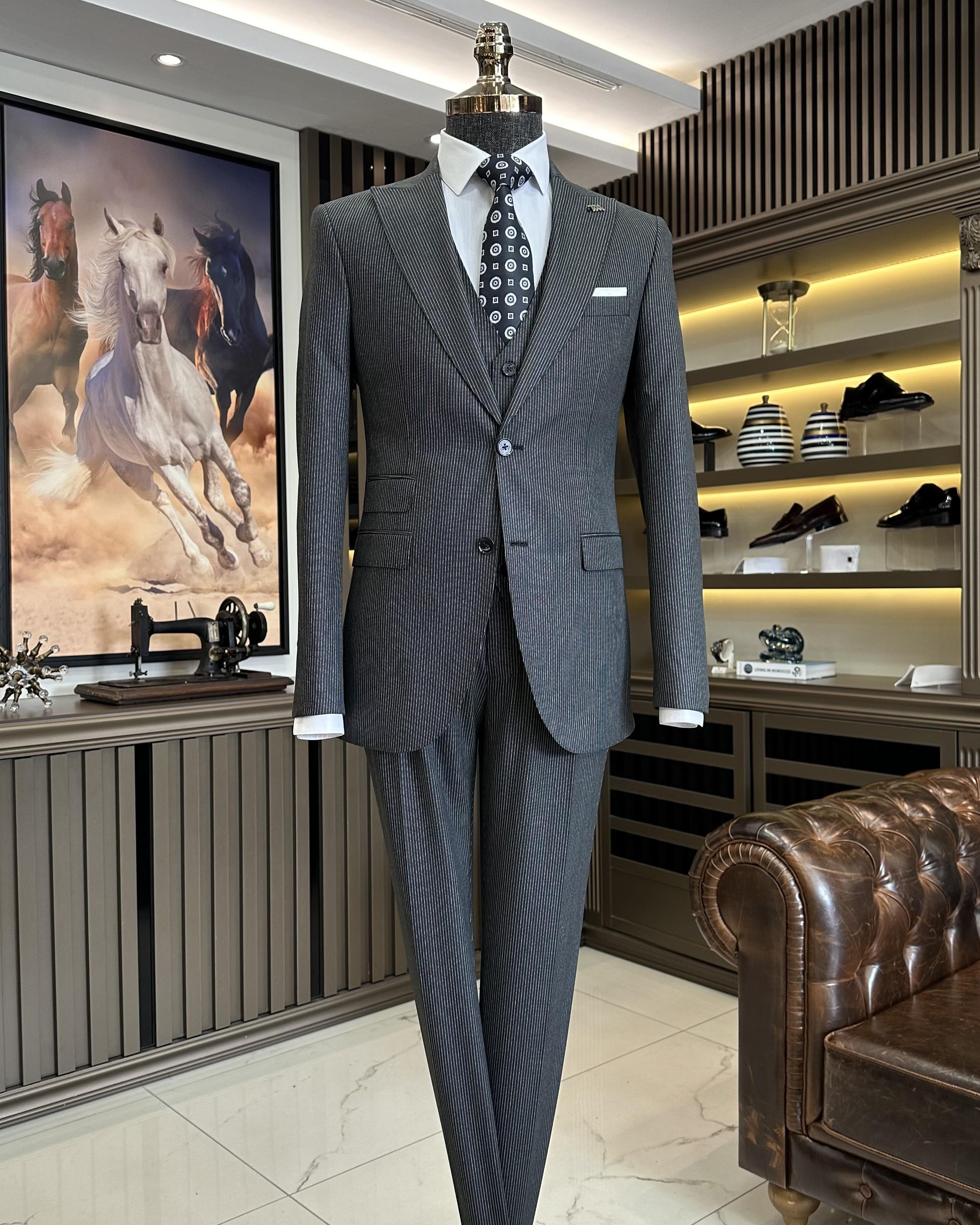 İtalyan stil 8 drop çizgili ceket pantolon takım elbise antrasit T10713