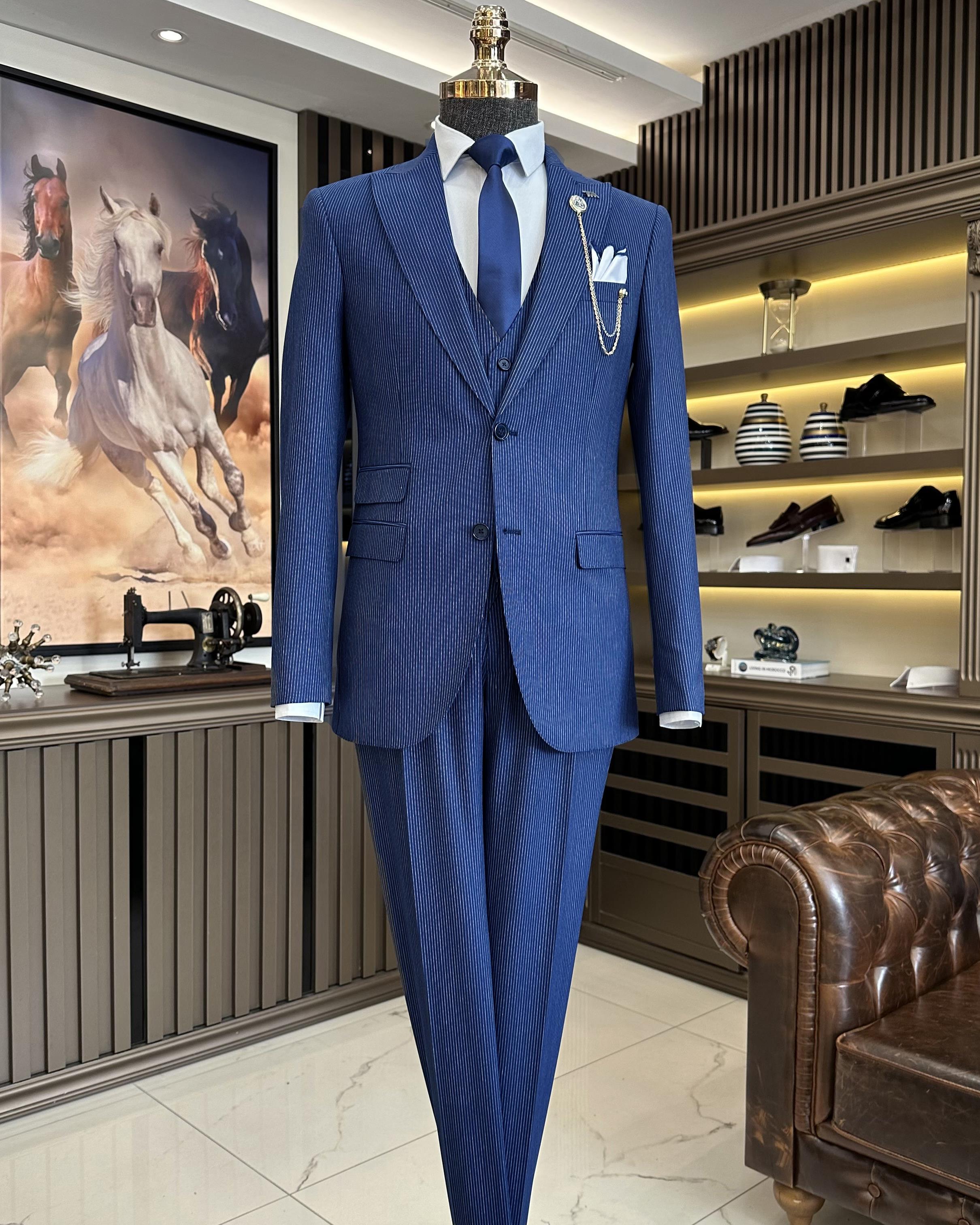 İtalyan stil 8 drop çizgili ceket pantolon takım elbise lacivert T10714