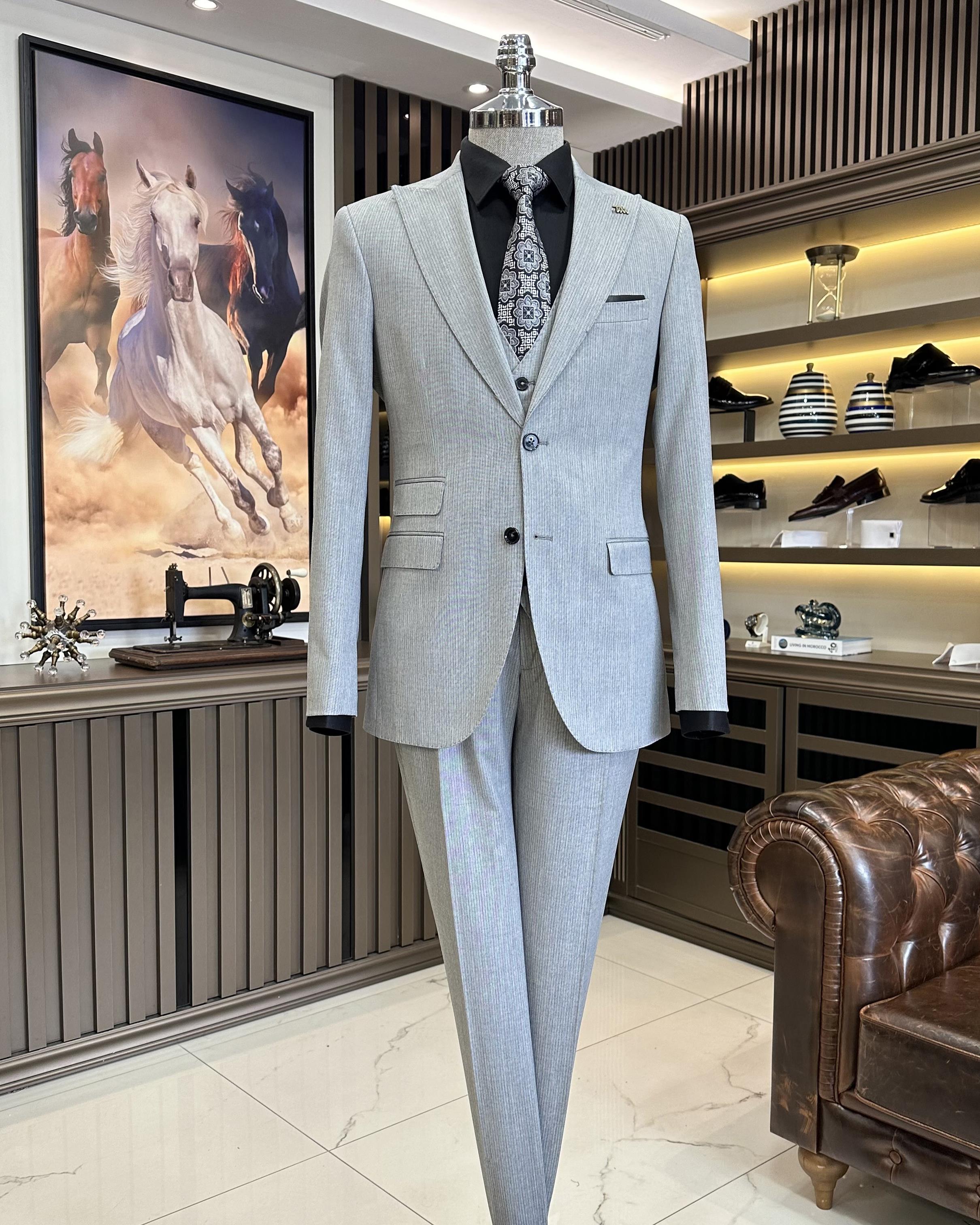 İtalyan stil 8 drop çizgili ceket pantolon takım elbise gri T10715