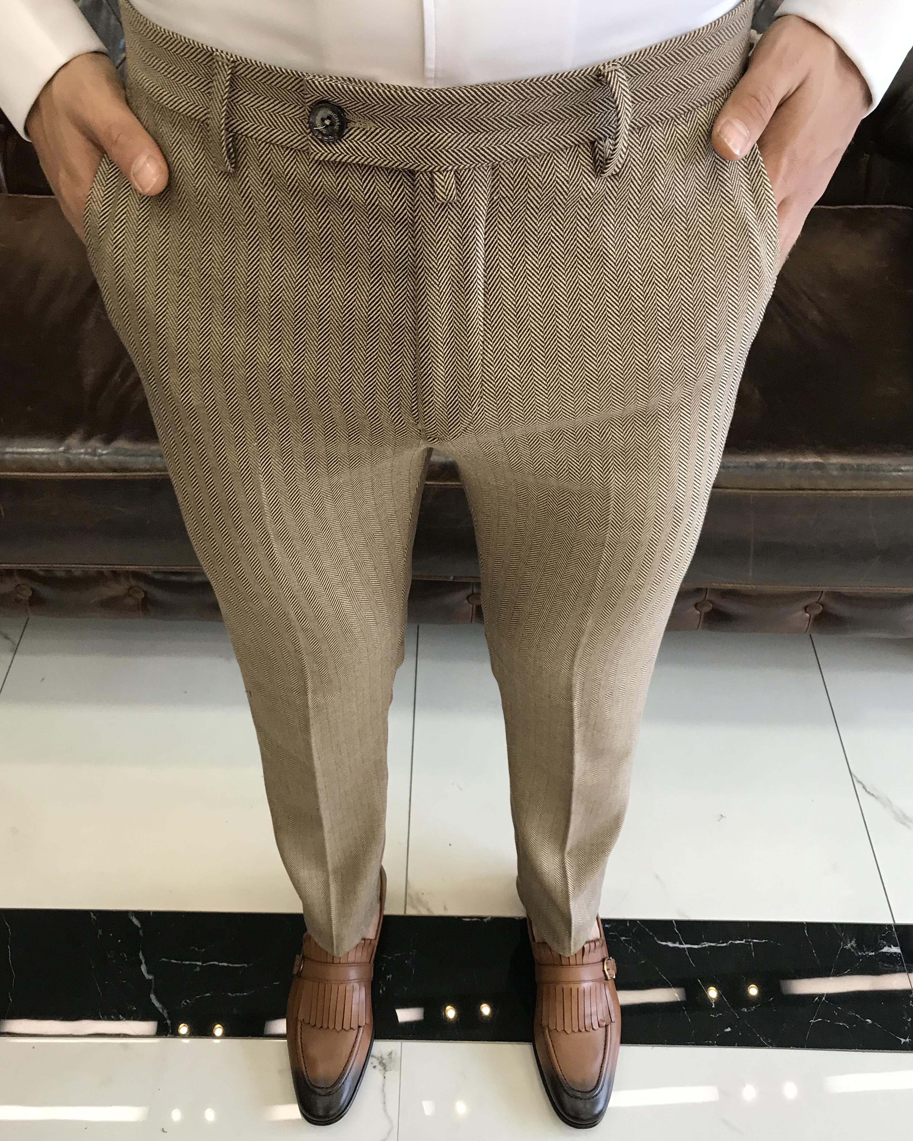 İtalyan stil balıksırtı desen erkek pantolon camel T11263