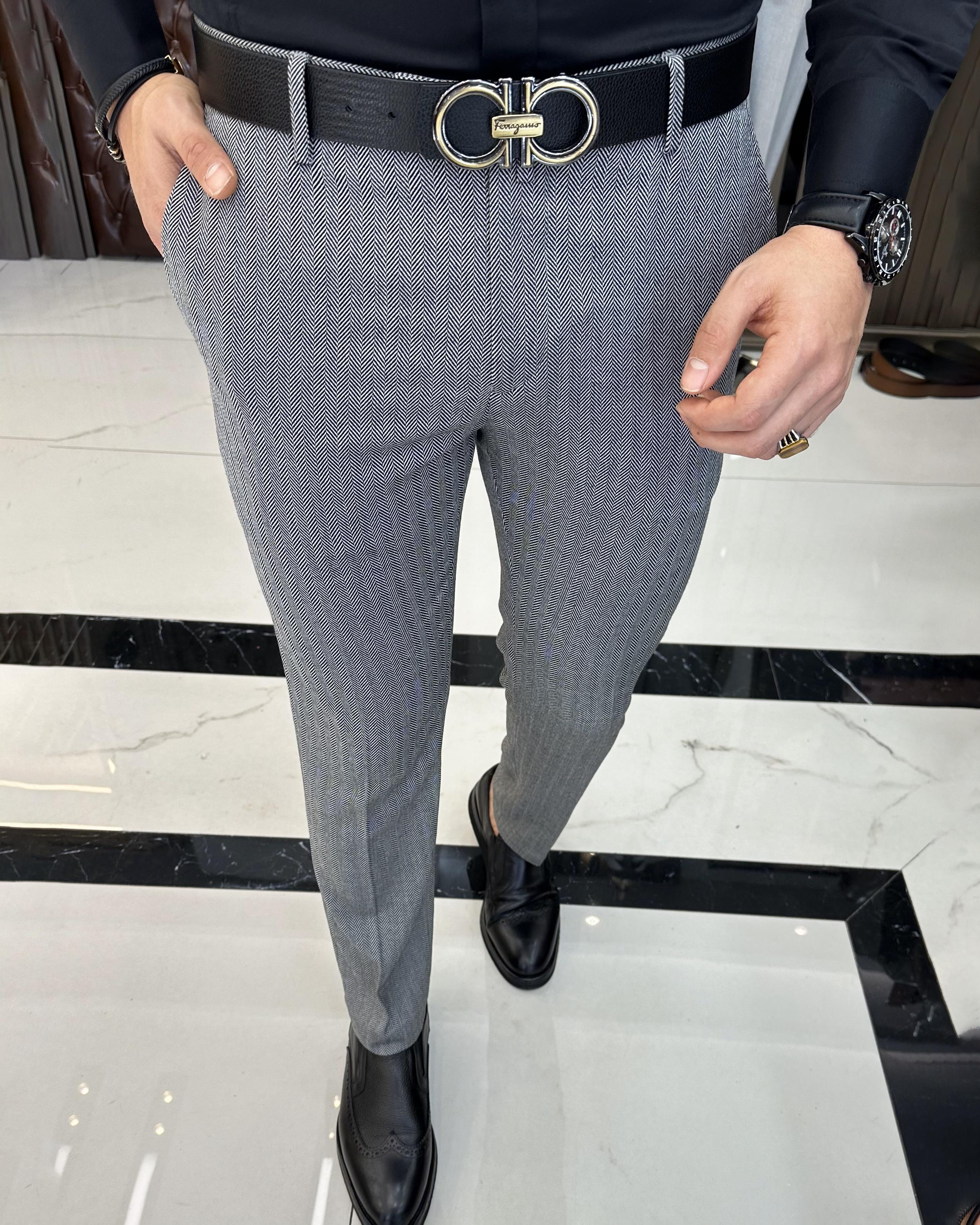 İtalyan stil balıksırtı desen erkek pantolon gri T11264