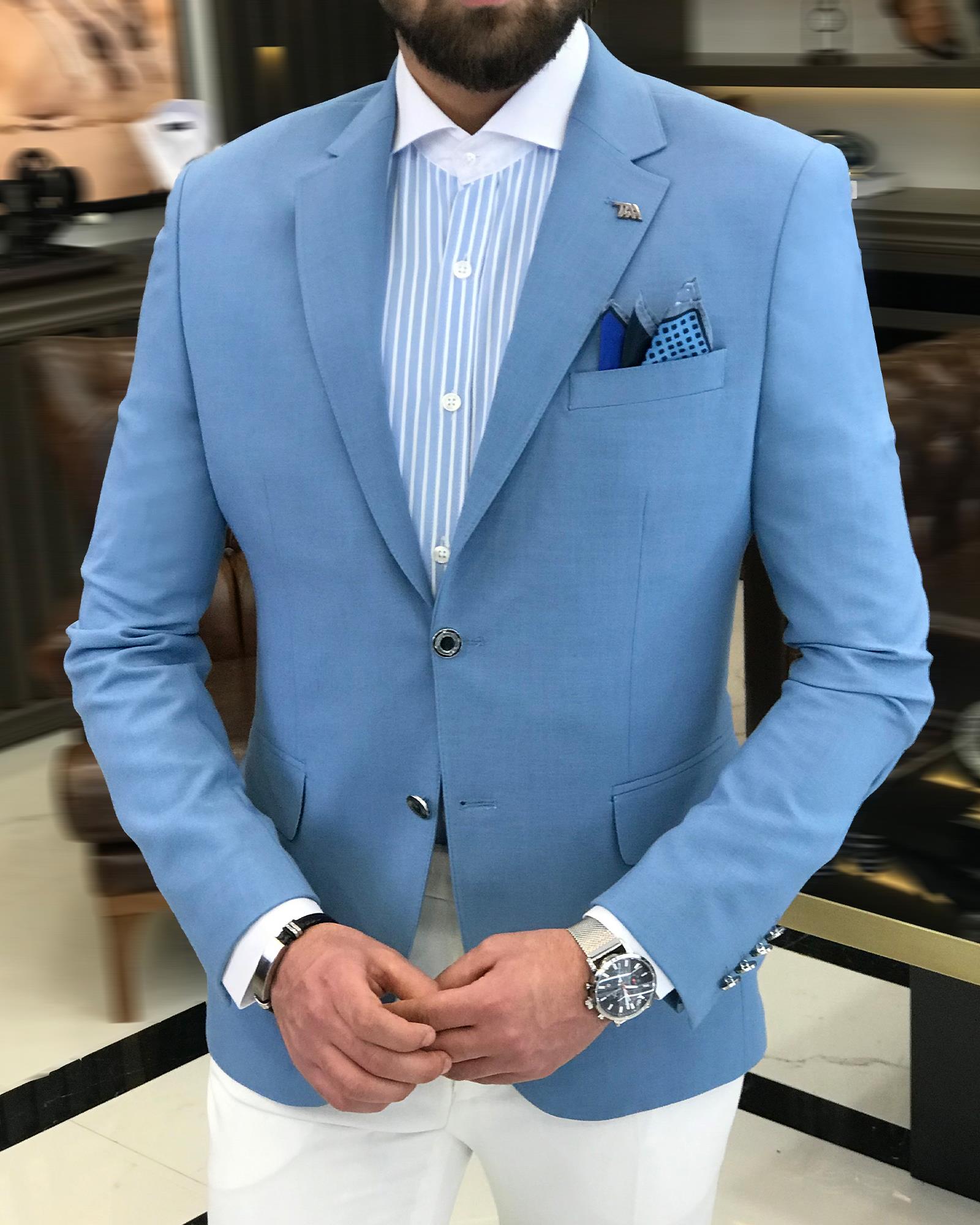 İtalyan stil erkek slim fit mono yaka keten karışımlı ceket Mavi T7693