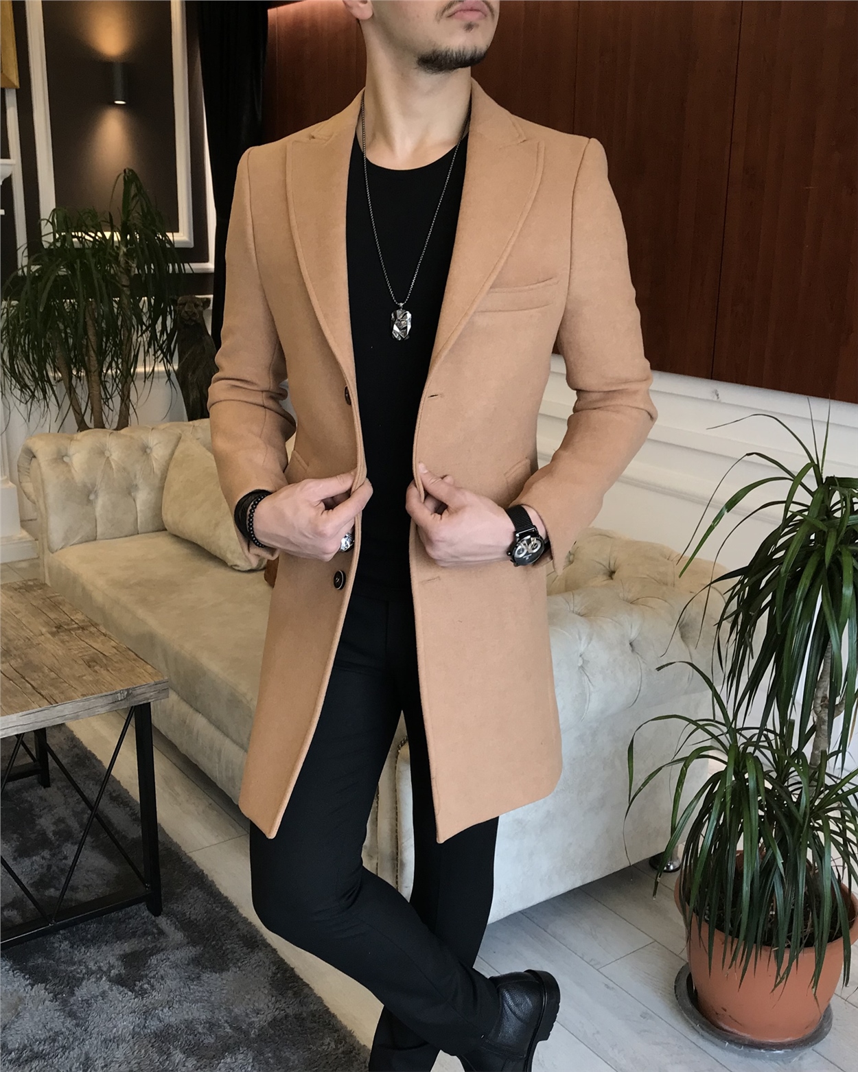 İtalyan stil ceket yaka yün kaşe kaban camel T6699