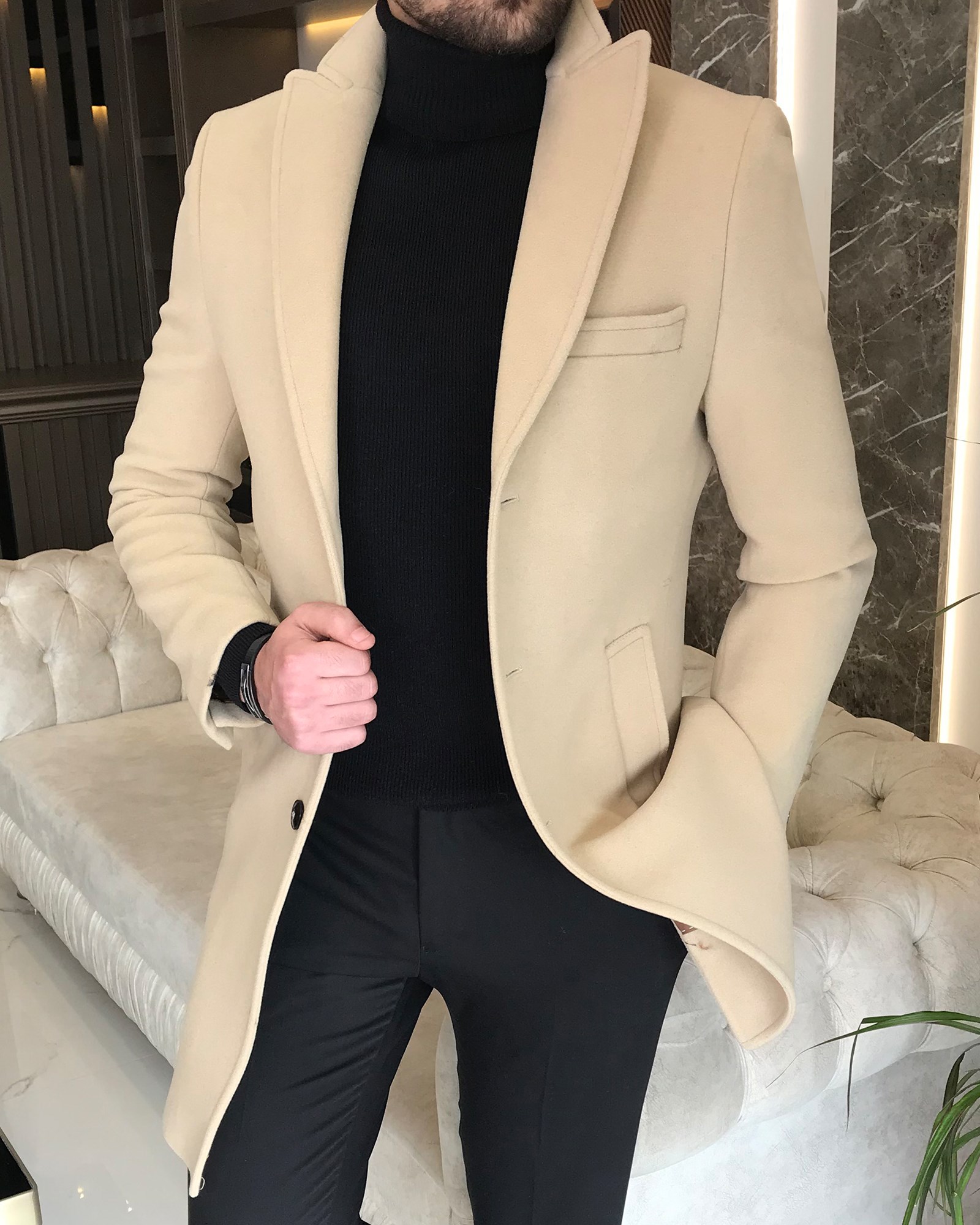 İtalyan stil ceket yaka yün kaşe kaban Bej T8666