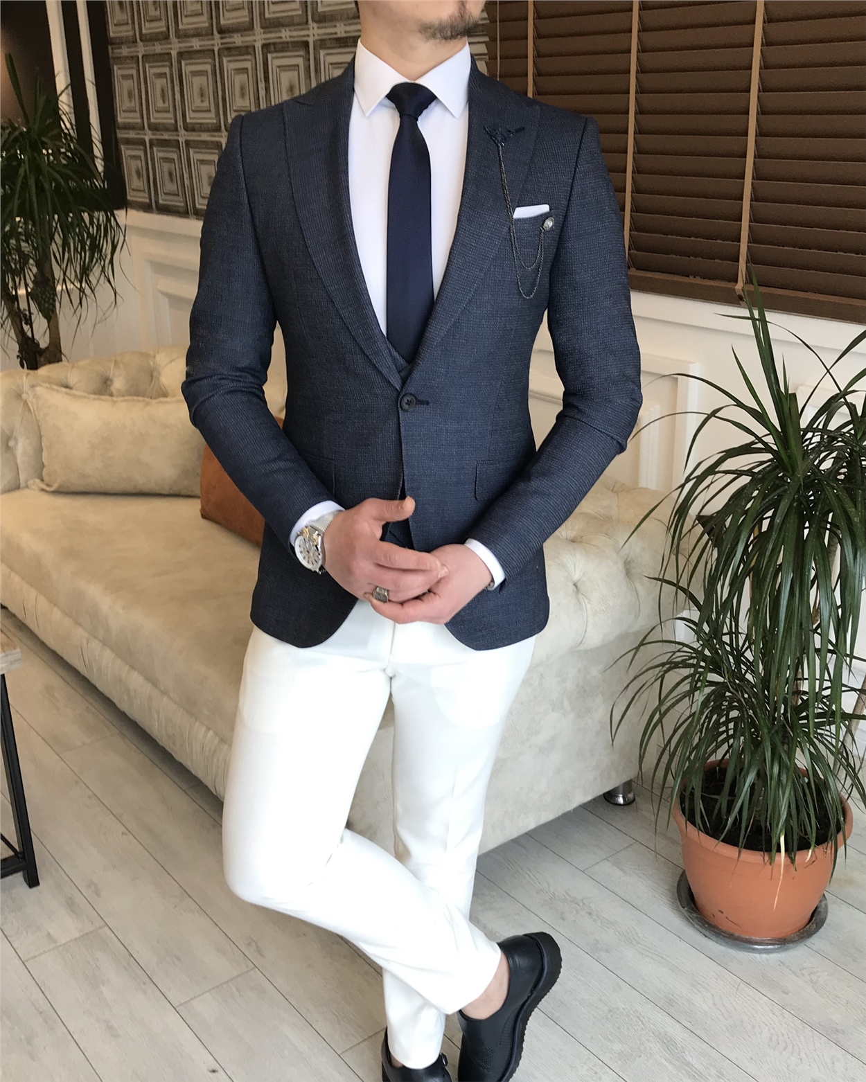 İtalyan stil ceket yelek pantalon kombin takım elbise Lacivert T5805
