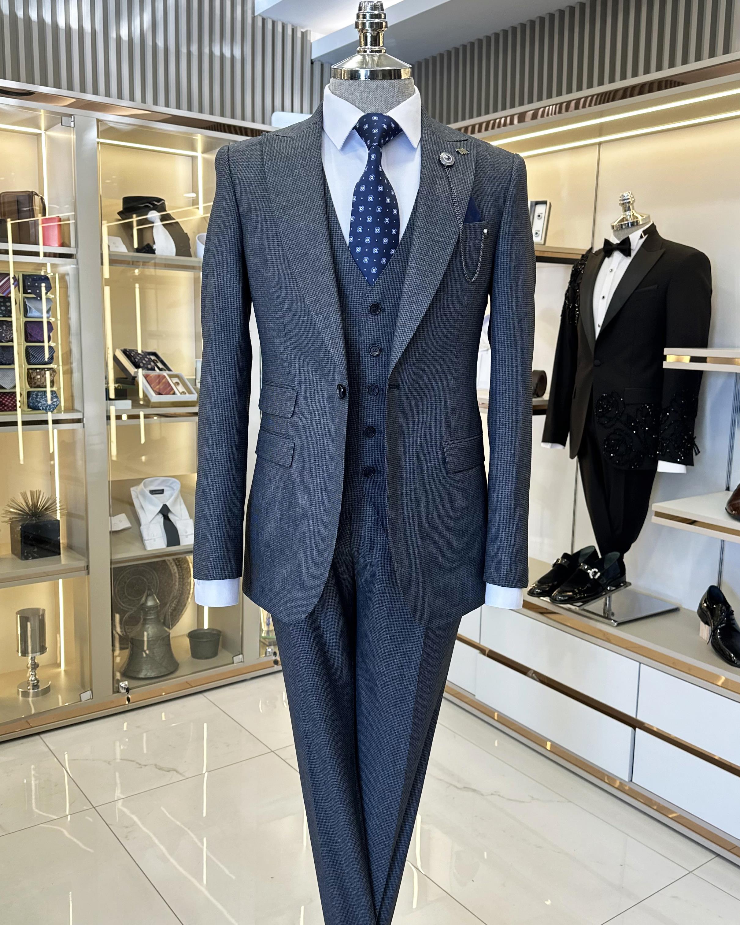 Italian style jacket vest trousers men's suit navy blue T11118