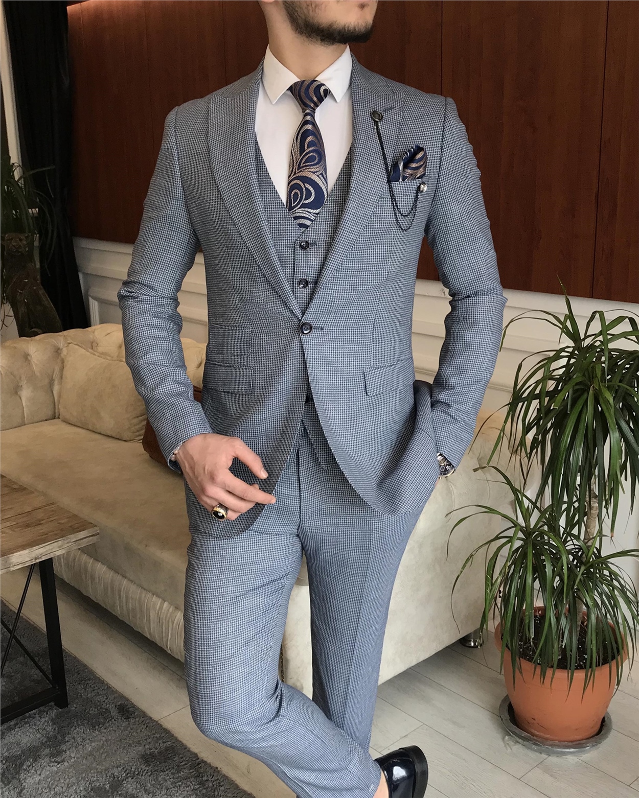 İtalyan stil ceket yelek pantolon mavi 8 drop takım T7037