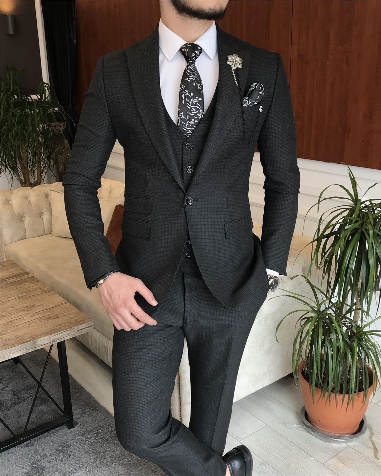 İtalyan stil ceket yelek pantolon siyah 8 drop takım T7034