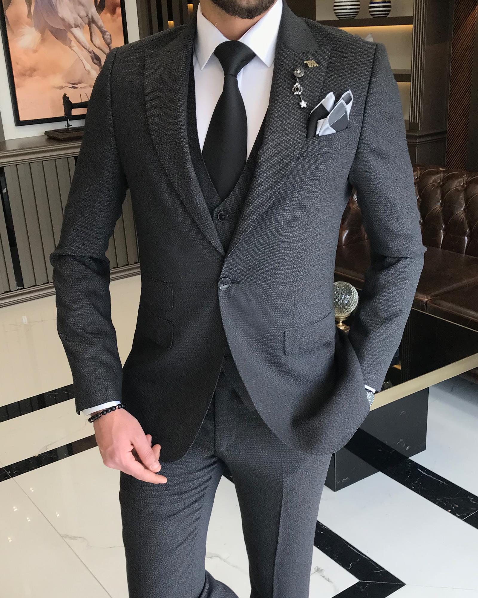 Italian Style Jacket Vest Trousers Suit Black T8628