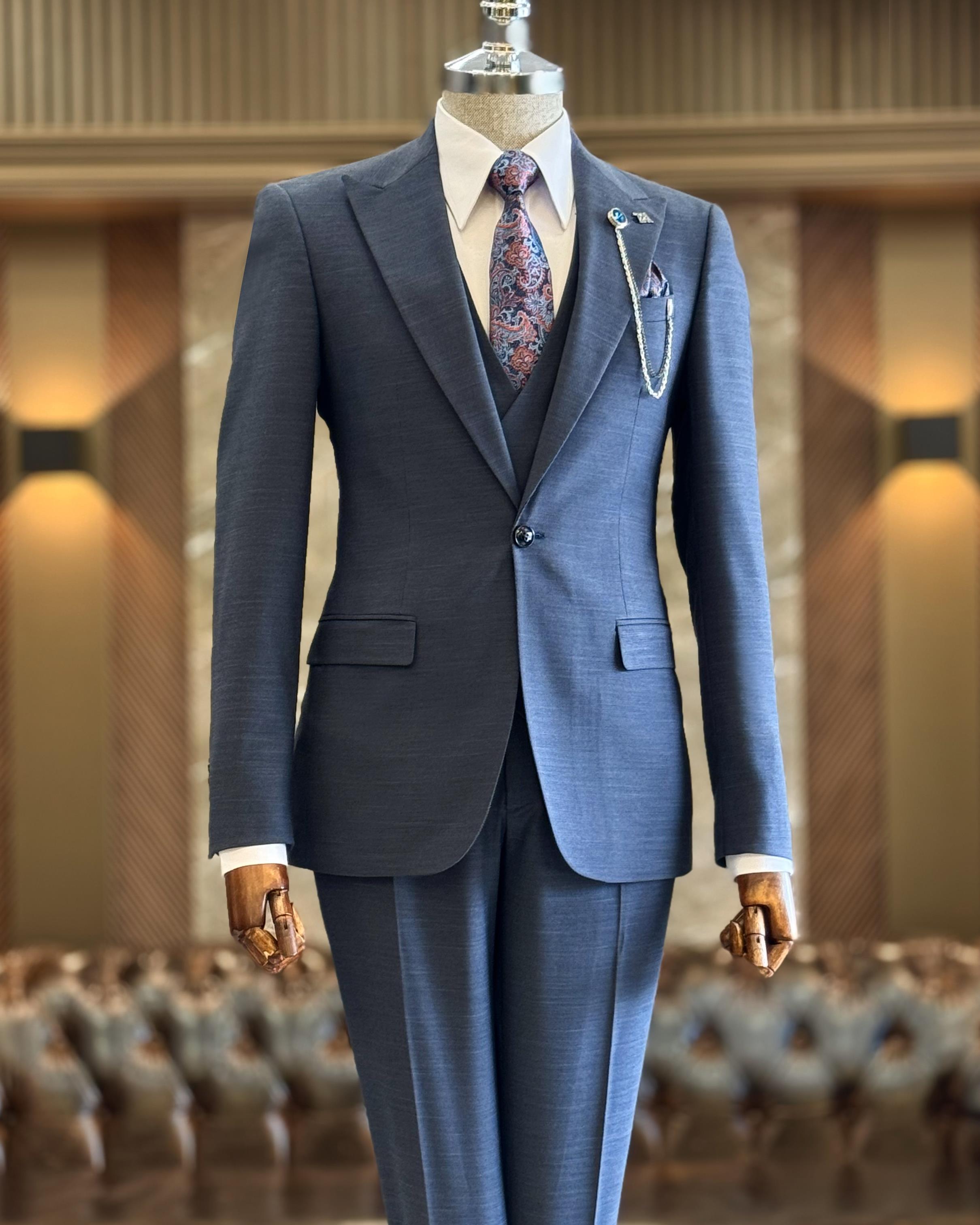 İtalyan stil ceket yelek pantolon takım elbise lacivert T12846