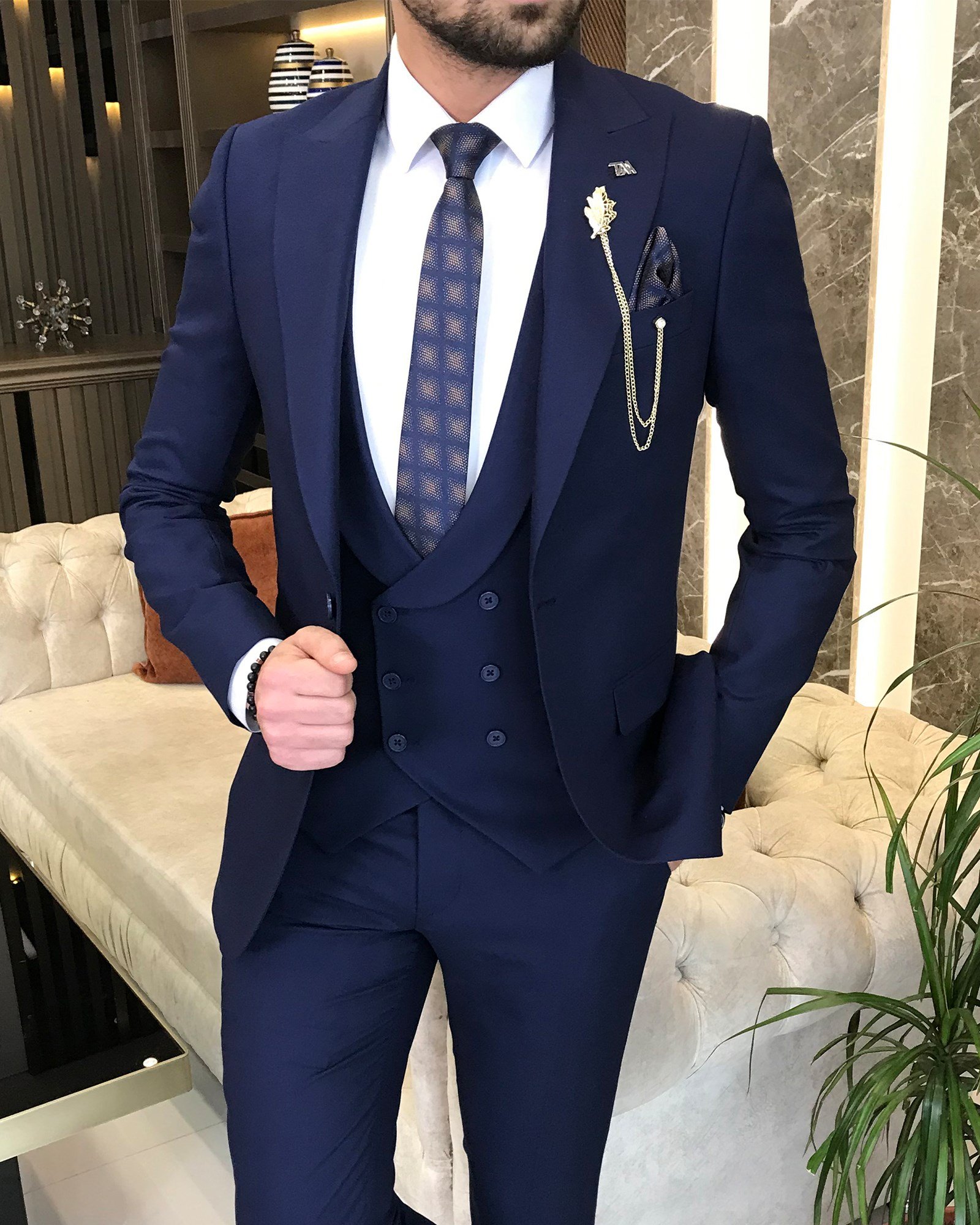 İtalyan stil ceket yelek pantolon takım elbise Lacivert T8551