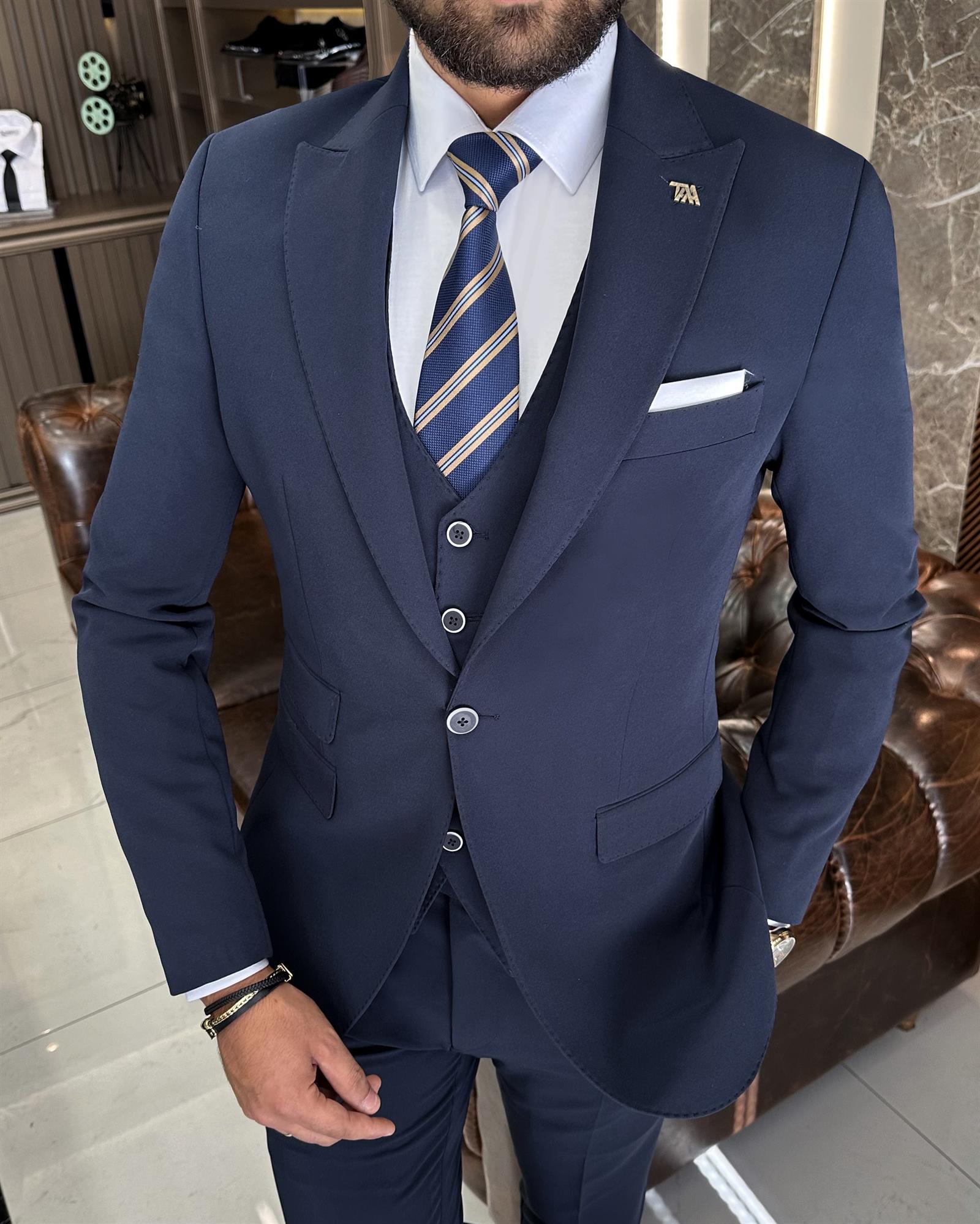 İtalyan stil  ceket yelek pantolon takım elbise lacivert T10532