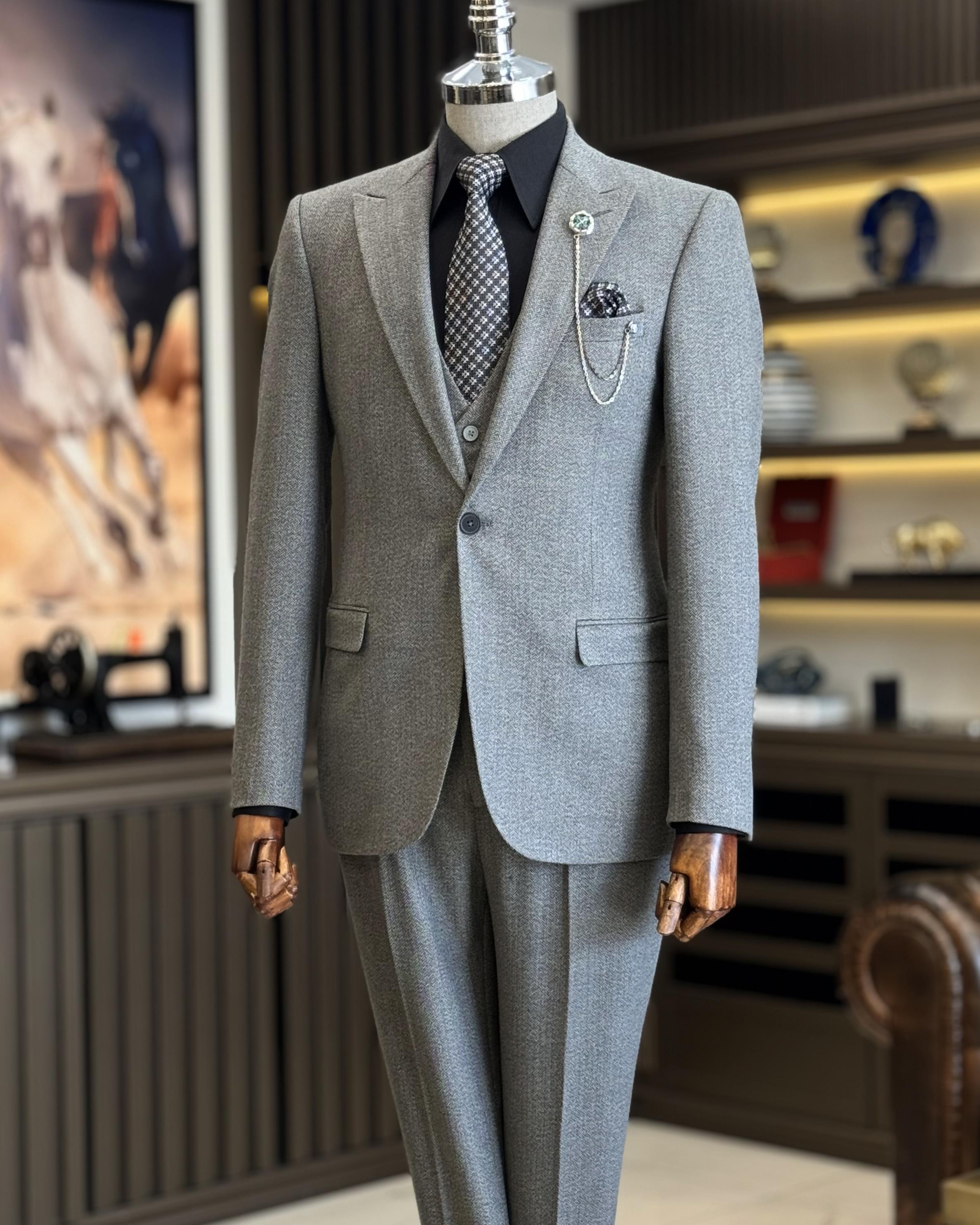 İtalyan stil ceket yelek pantolon takım elbise gri T12879
