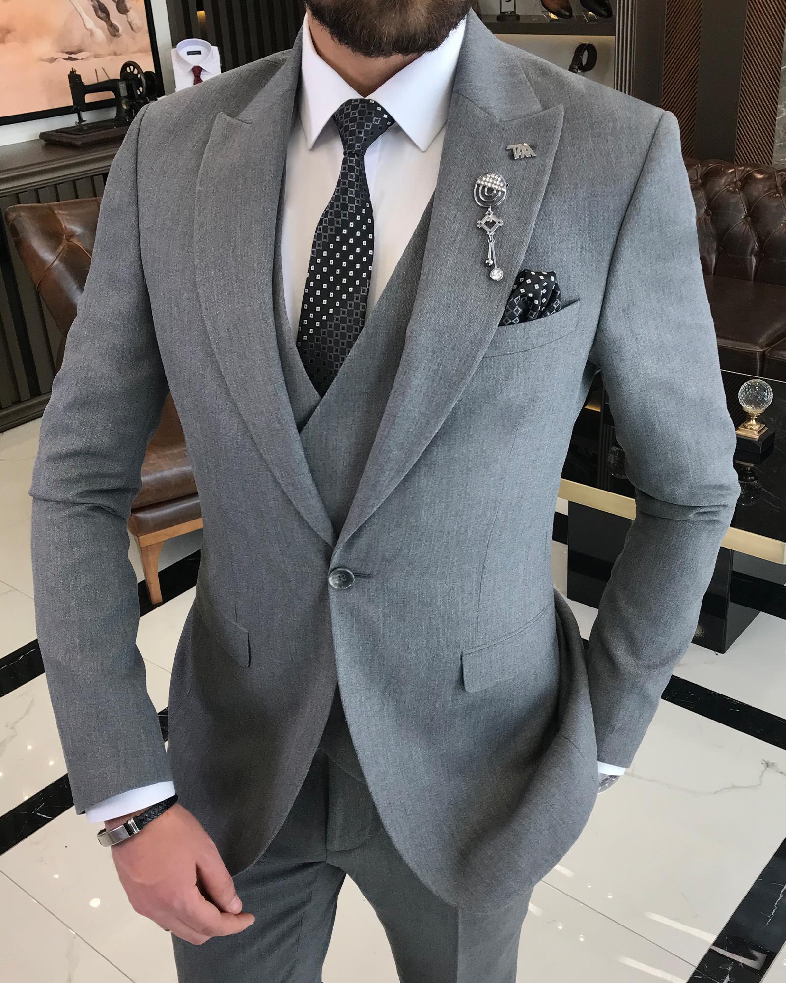 Italian style jacket vest pant suit gray T9085