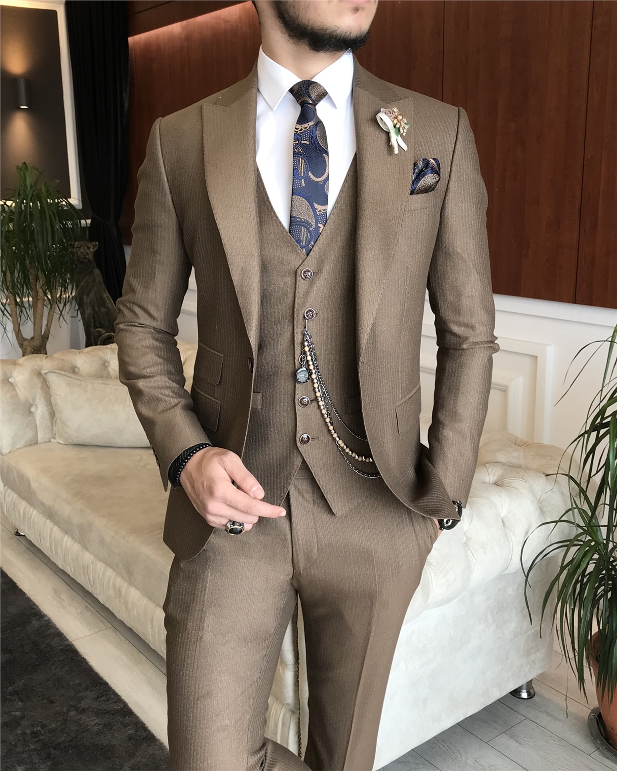 Italian Style Jacket Vest Trousers Suit Brown T6262