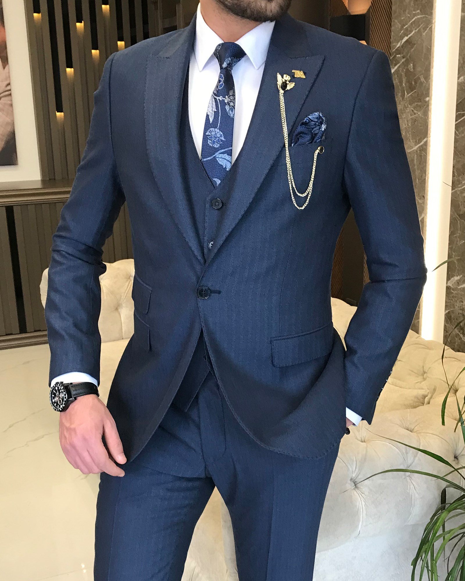 İtalyan stil  ceket yelek pantolon takım elbise Saks T8622