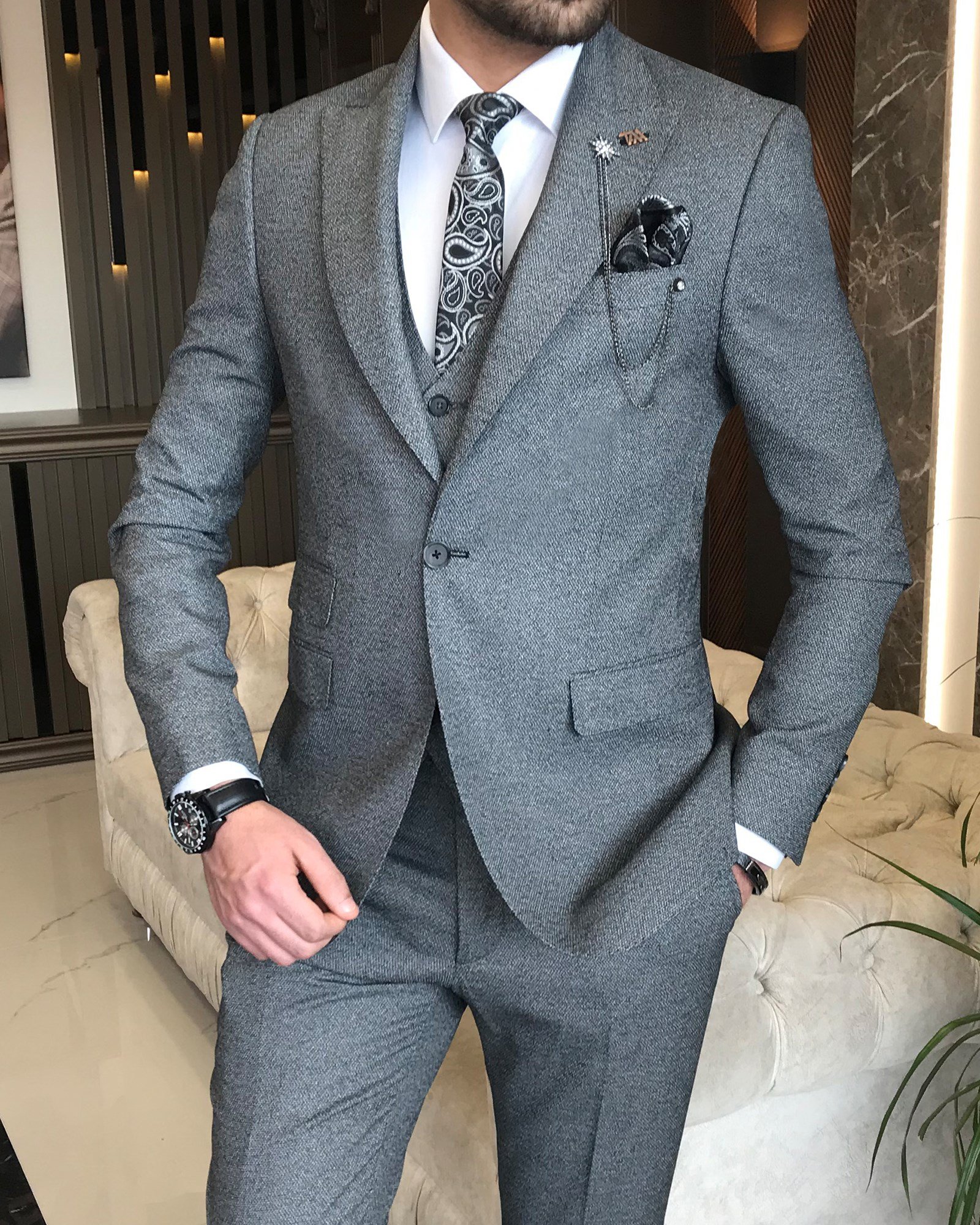 İtalyan stil  ceket yelek pantolon takım elbise Siyah T8632
