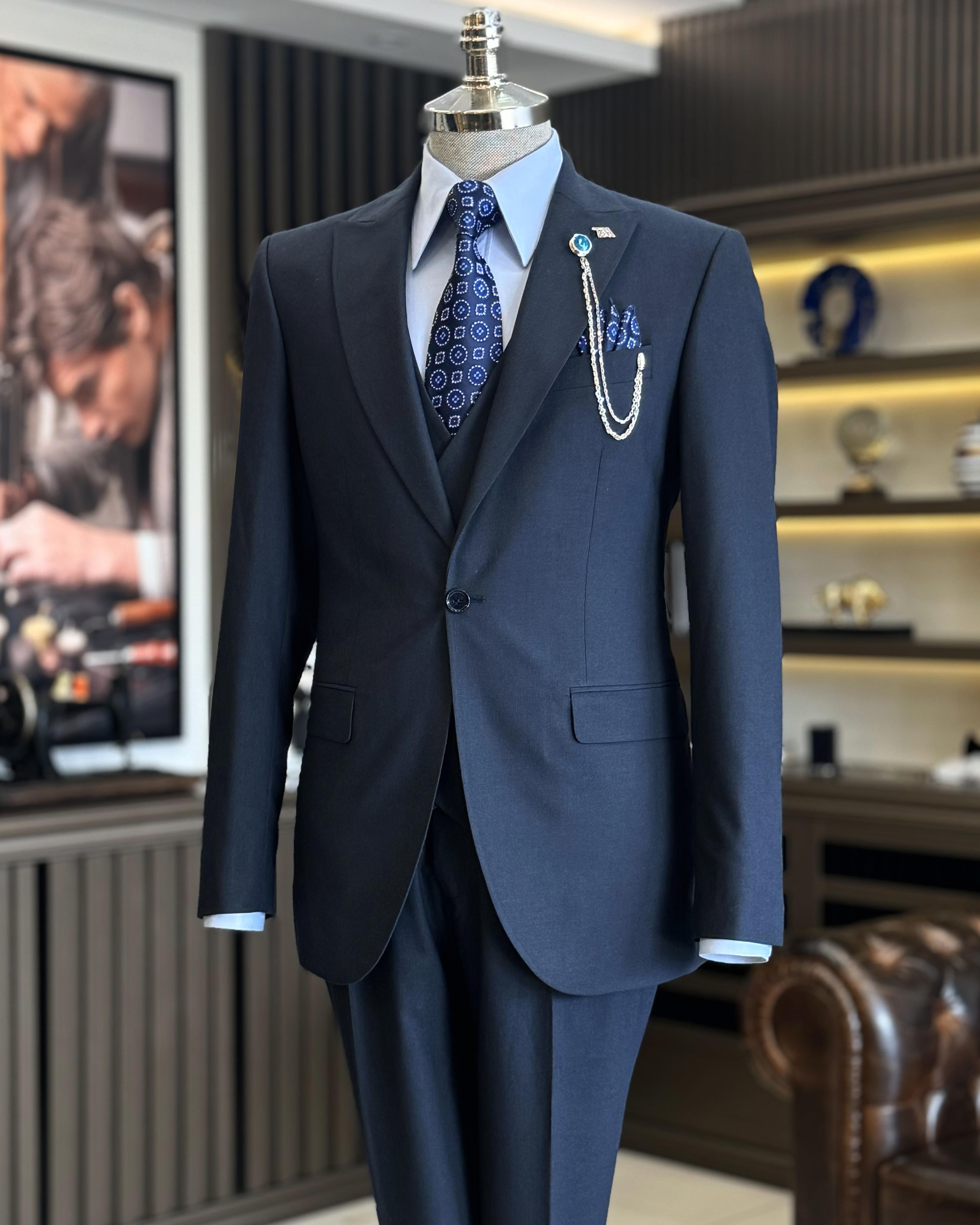 İtalyan stil ceket yelek pantolon takım elbise lacivert T12806