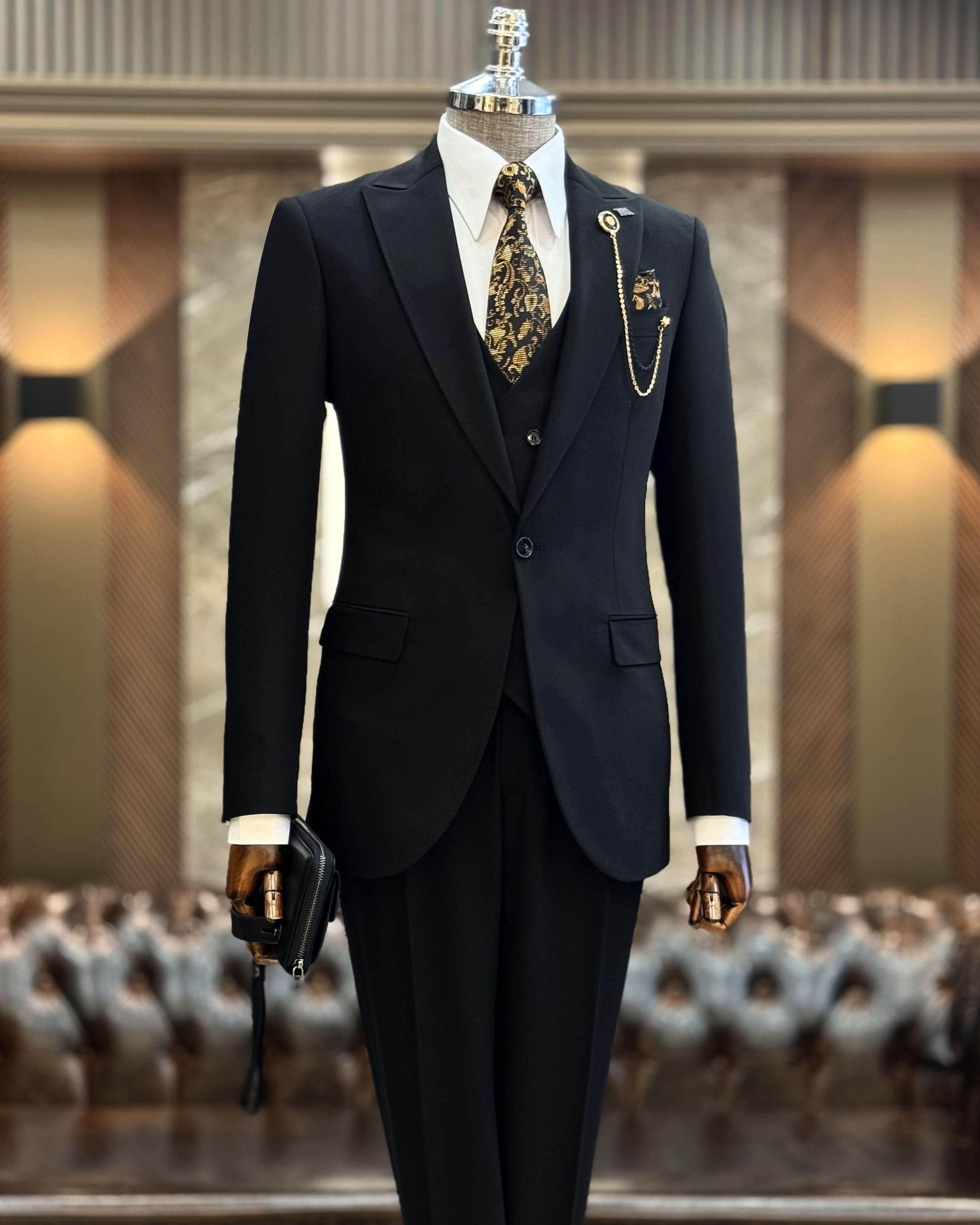 İtalyan stil ceket yelek pantolon takım elbise siyah T12014