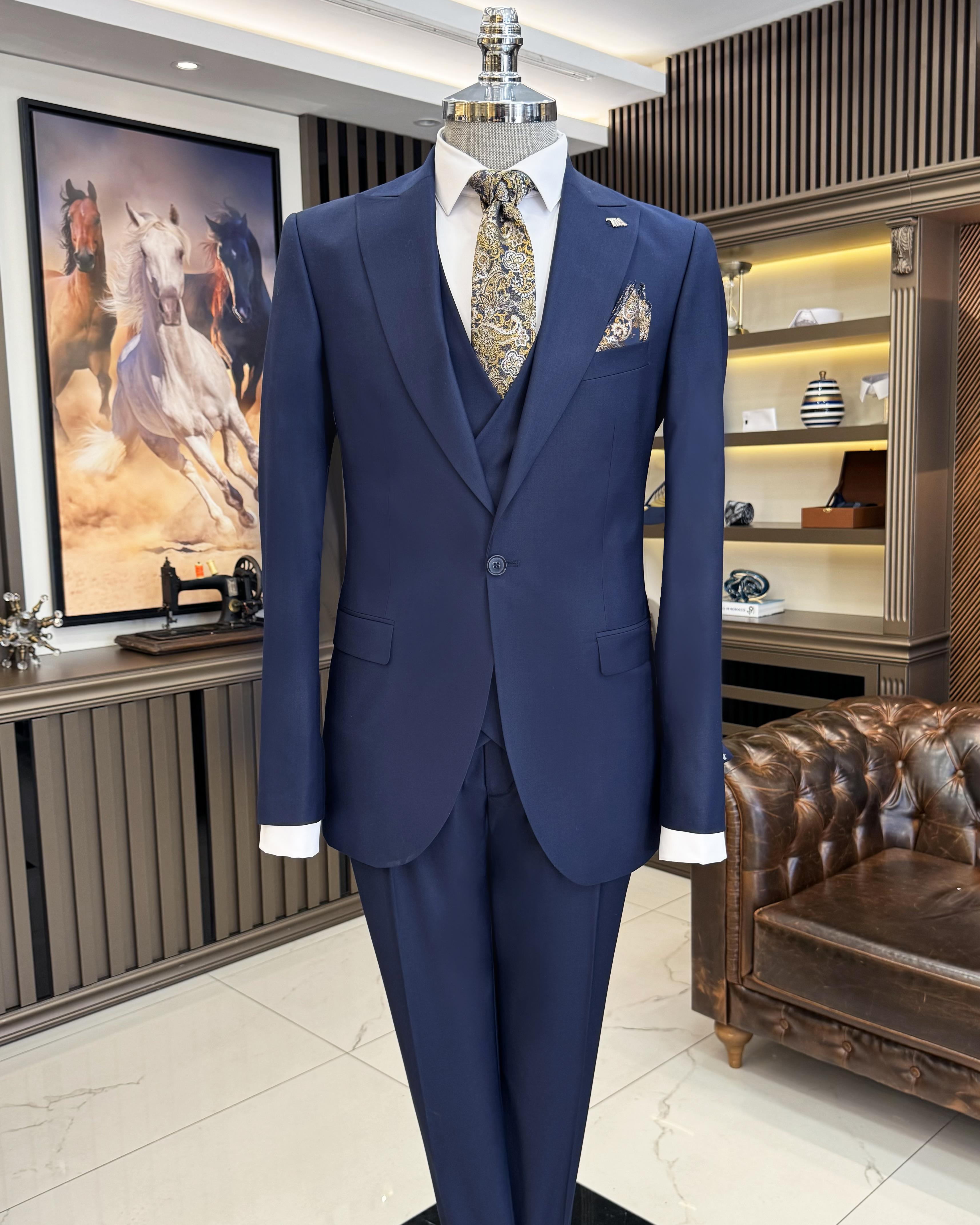 Italian style jacket vest pant suit Navy Blue T9932