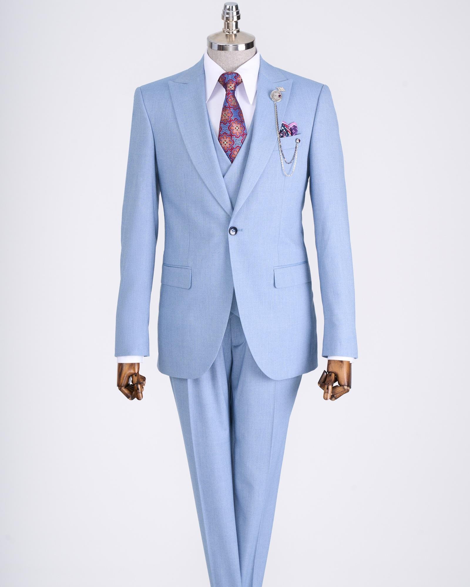İtalyan stil ceket yelek pantolon takım elbise mavi T12809