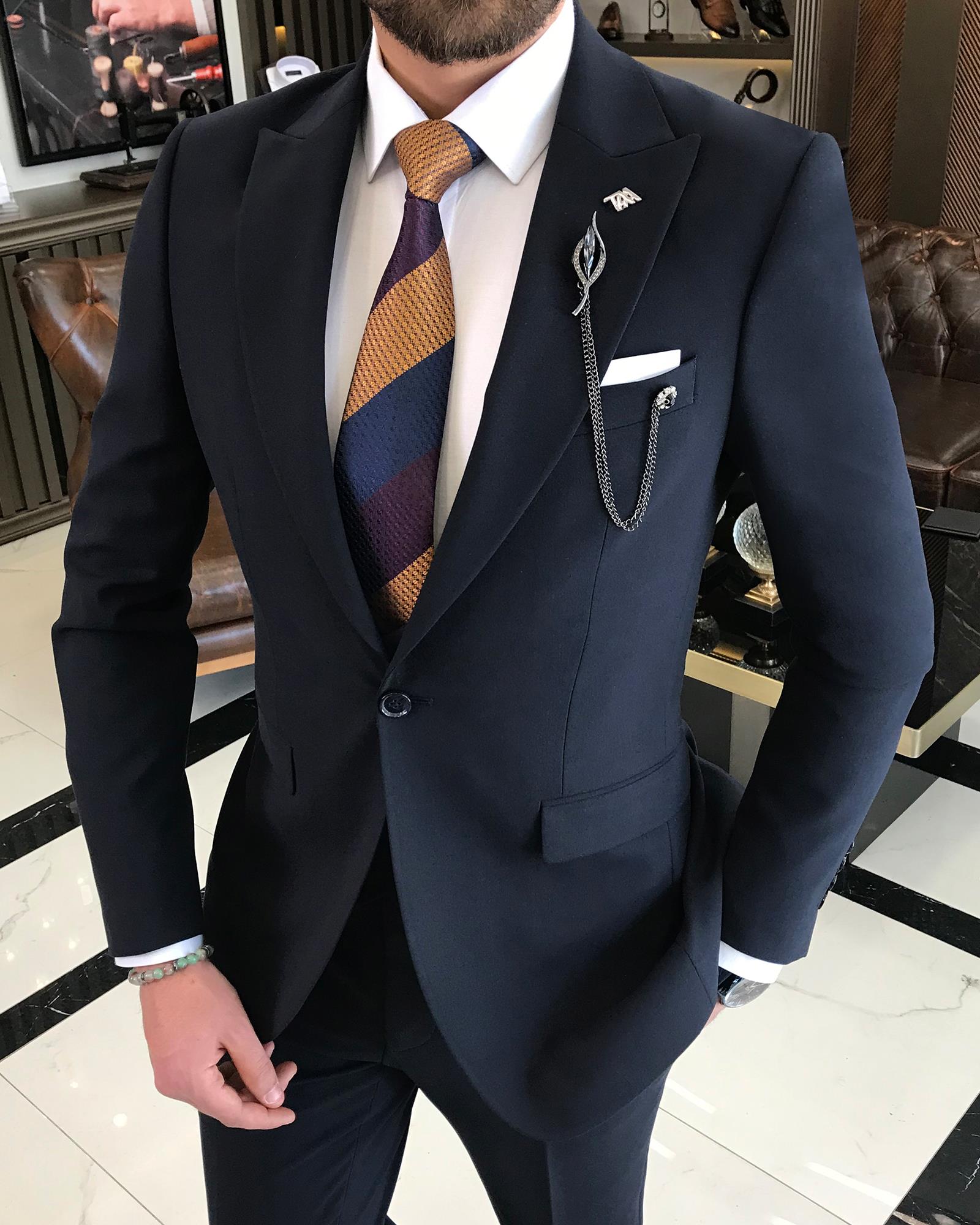 Italian style jacket vest pant suit navy blue T9078