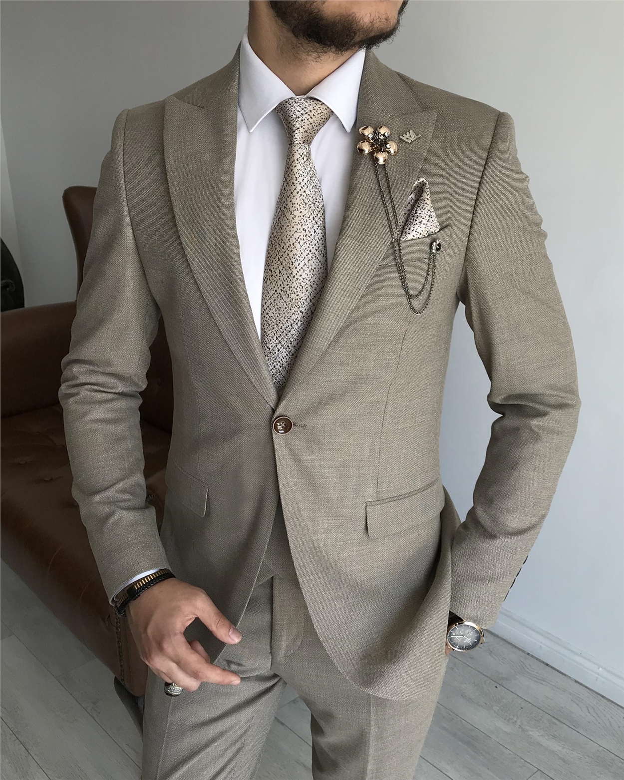 İtalyan stil ceket yelek pantolon takım elbise Vizon T7930