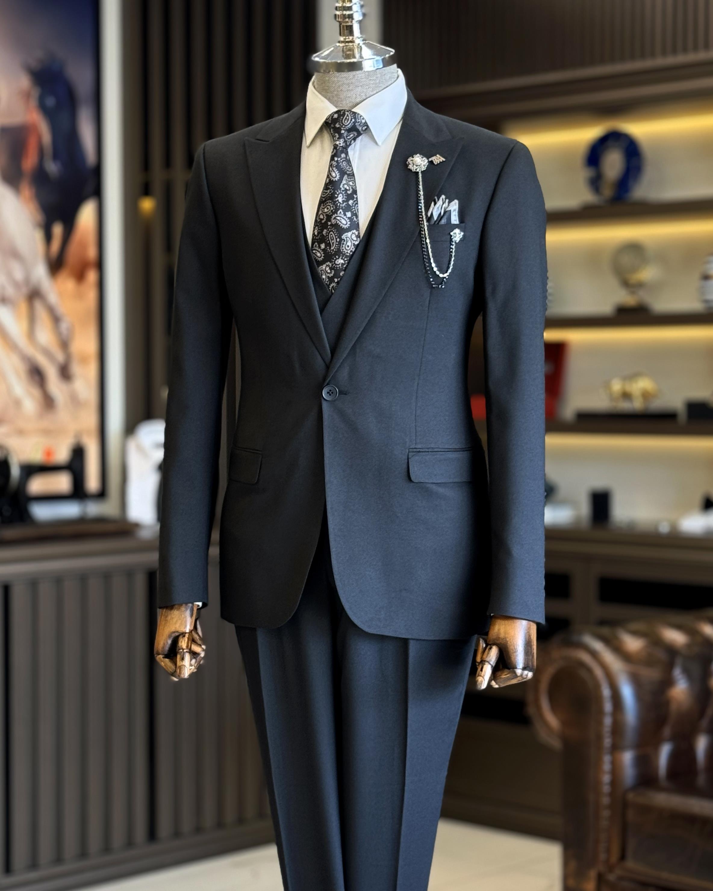 İtalyan stil ceket yelek pantolon takım elbise siyah T12836