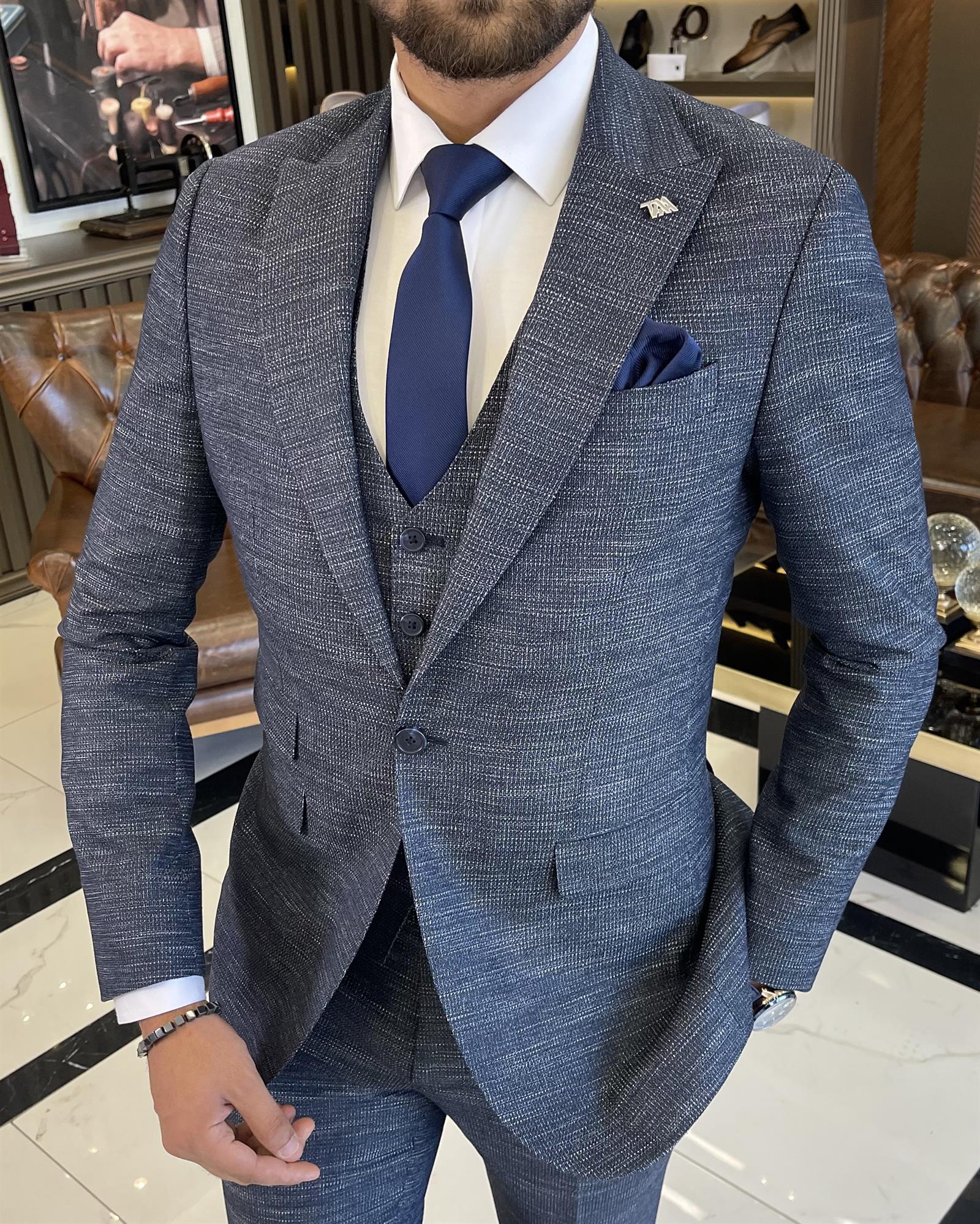 Italian Style Jacket Vest Pants Suit Navy Blue T8630