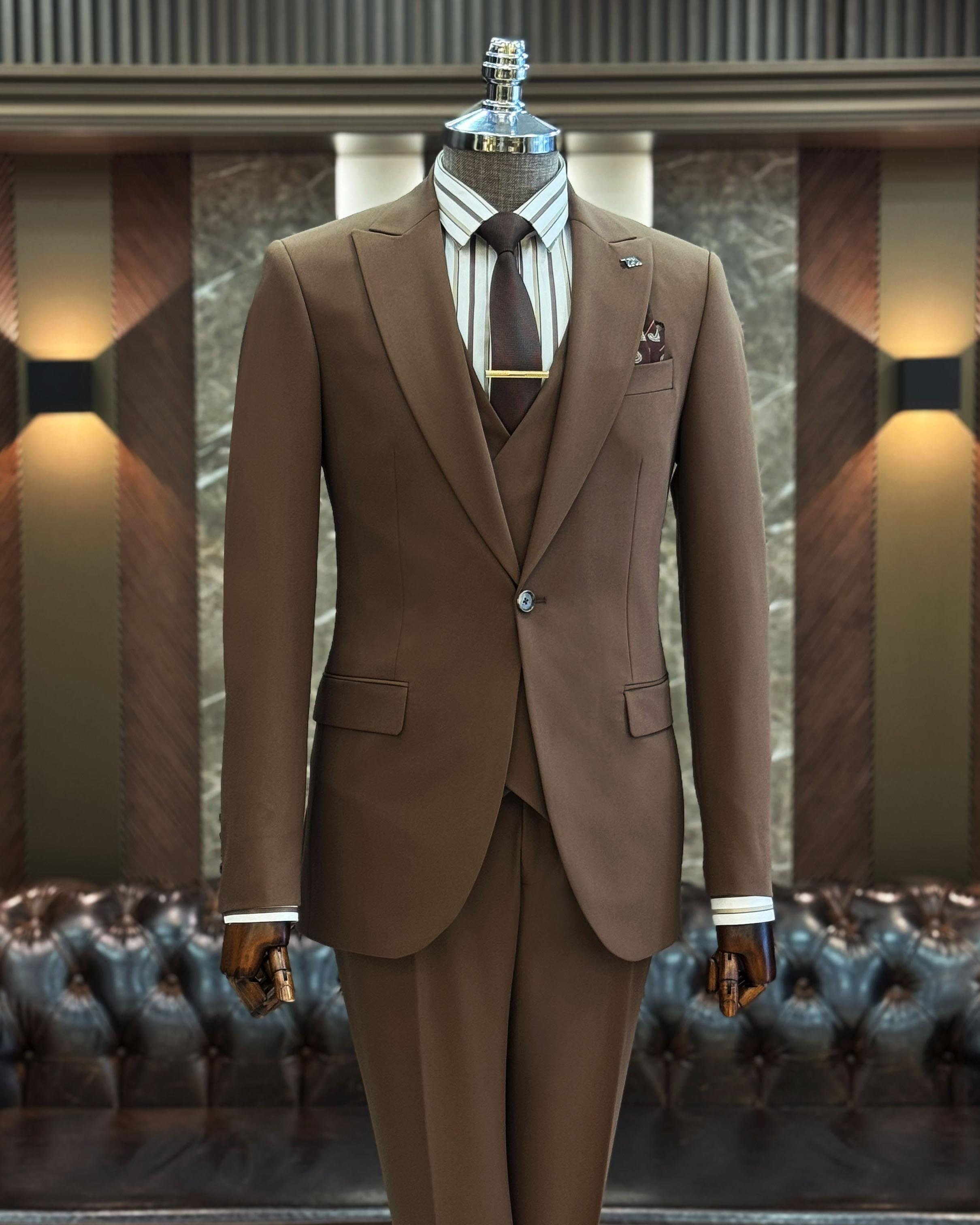 İtalyan stil ceket yelek pantolon takım elbise kahverengi T12005