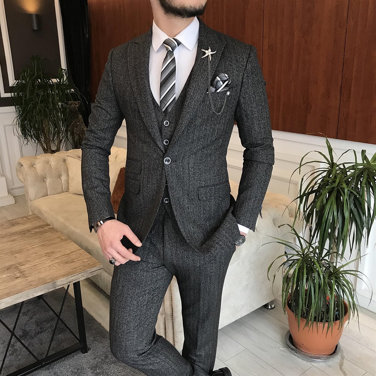 İtalyan stil ceket yelek pantolon takım elbise antrasit T6994
