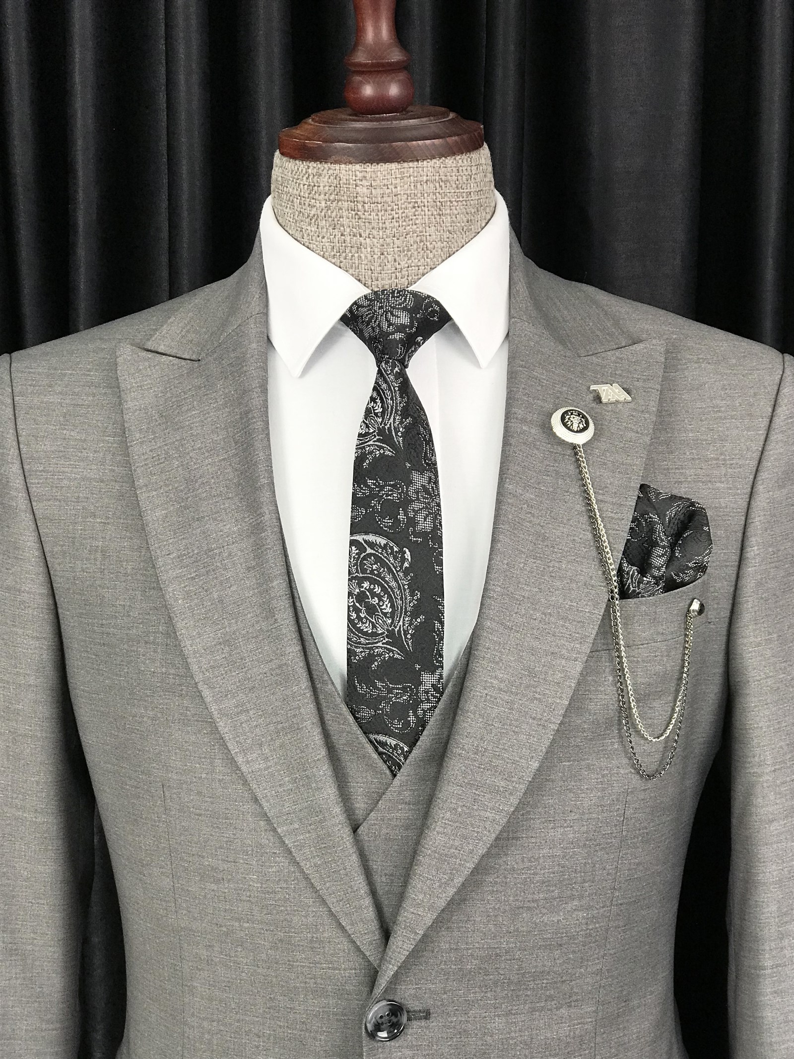 Italian Style Jacket Vest Trousers Suit Gray T8613