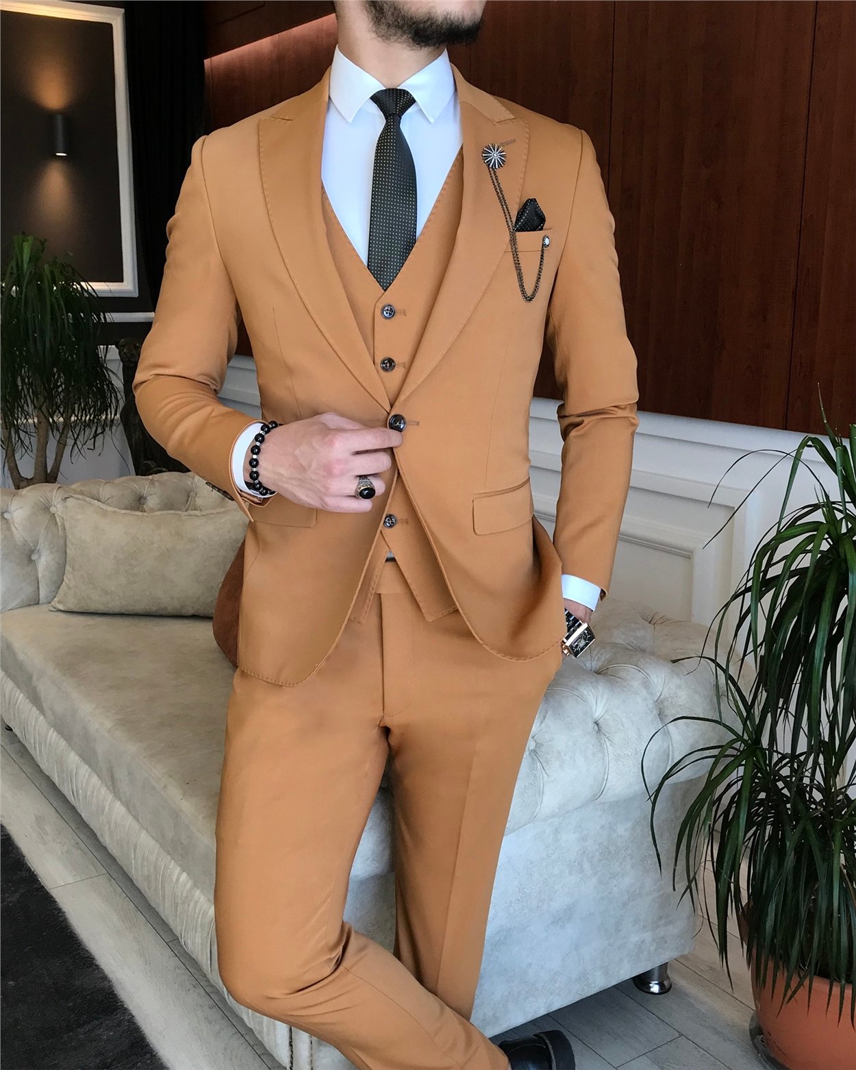 İtalyan stil  ceket yelek pantolon takım elbise camel T6250